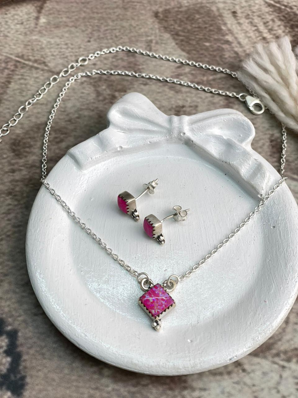 Handmade Sterling Silver Hot Pink Necklace Earrings Set "Signed Nizhoni"