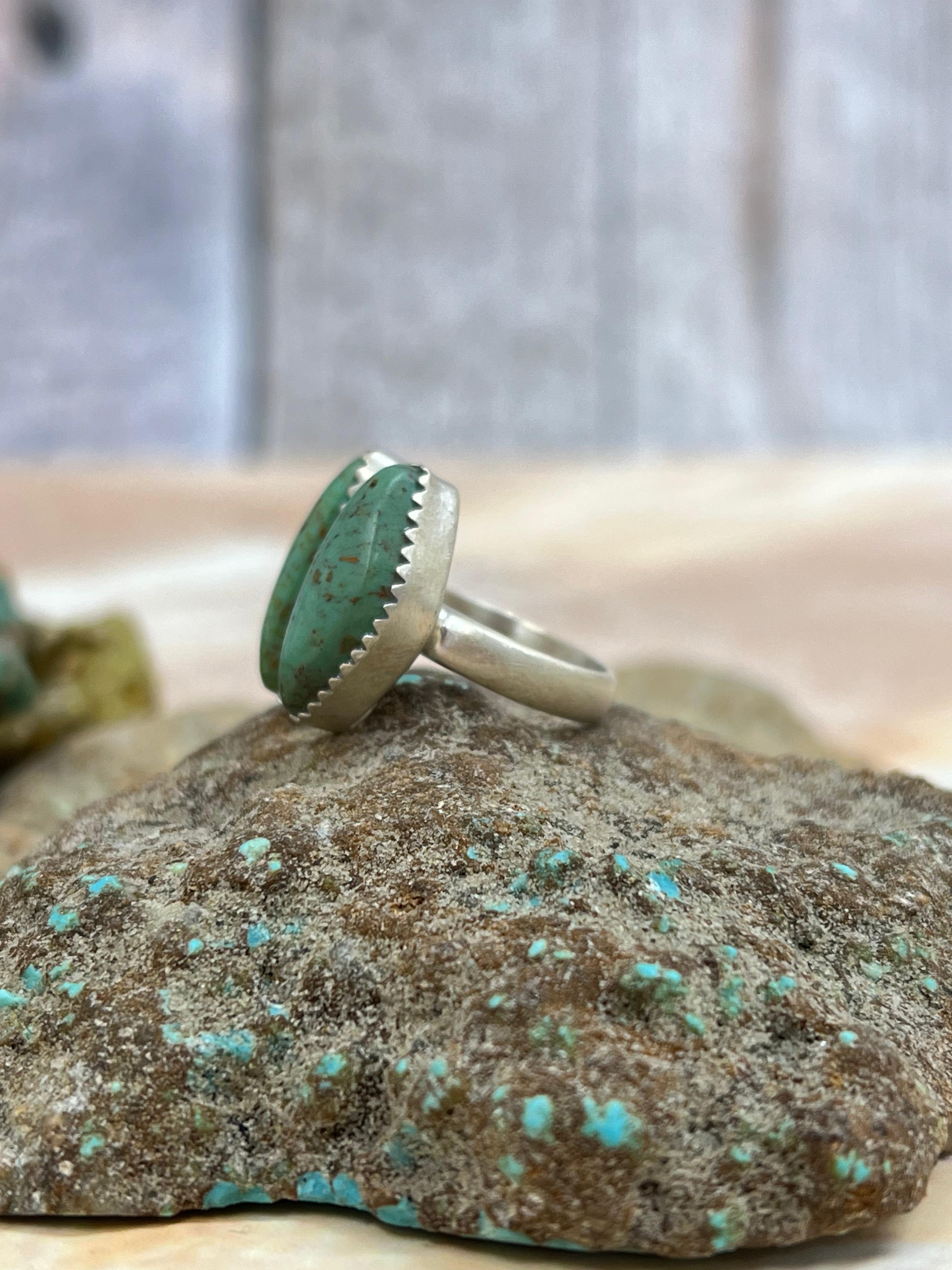 Handmade Sterling Silver Royston Turquoise Adjustable Ring with Signed Nizhoni (5)