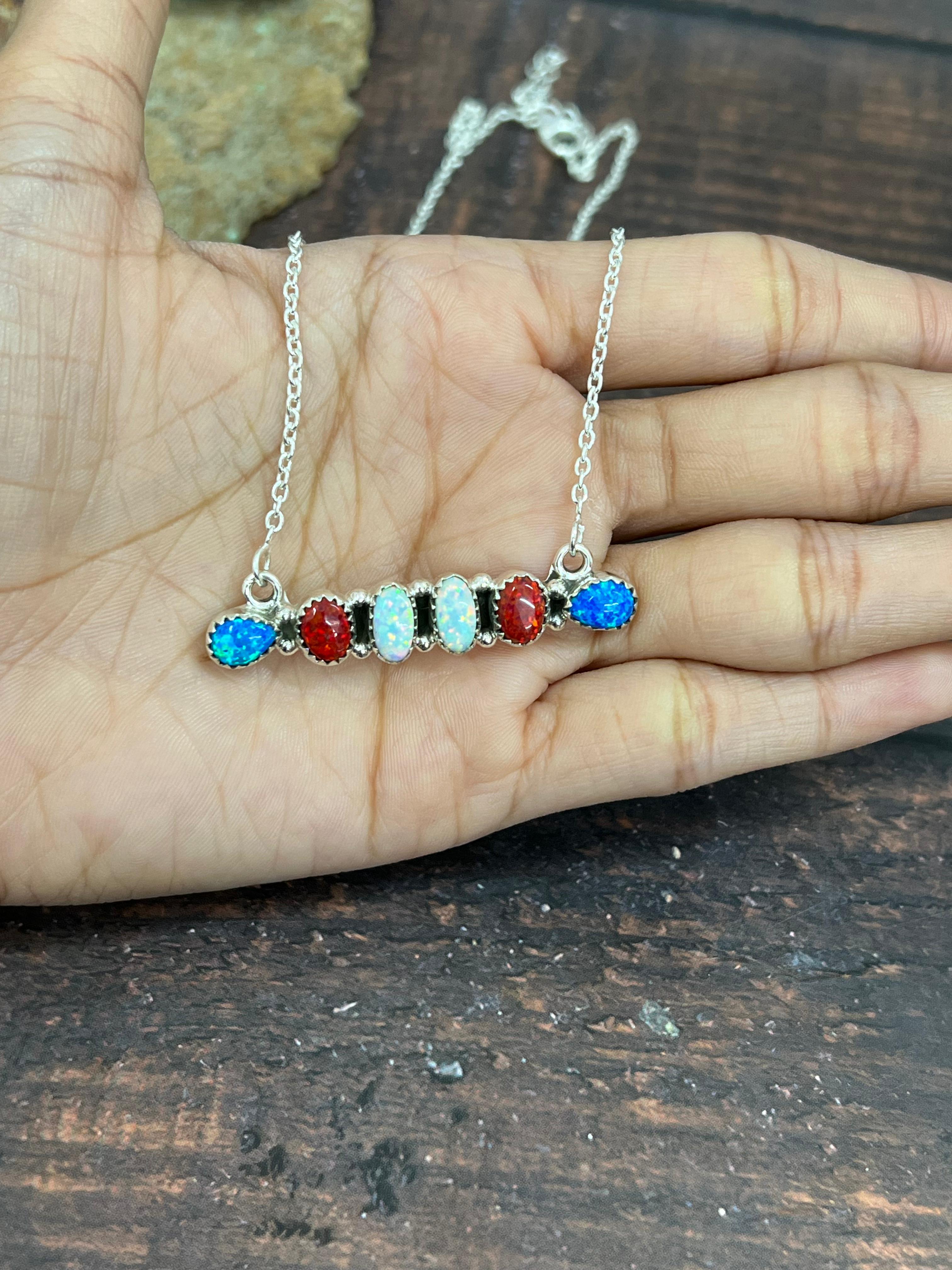 ** 4TH OF JULY ** Handmade Sterling Silver Synthetic Opal Necklace with Signed Nizhoni