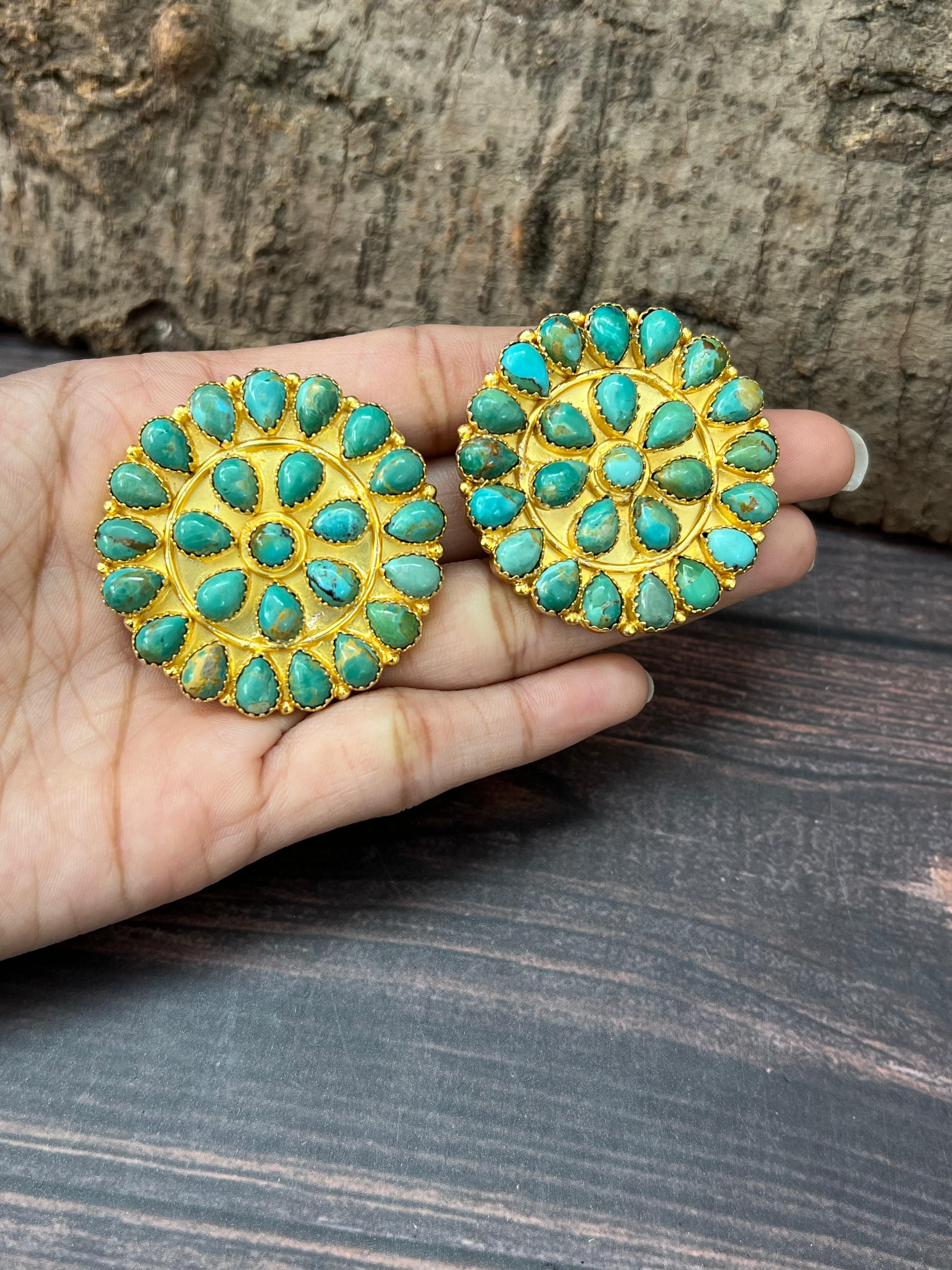 “The Golden Collection” Handmade Natural Kingman Turquoise Gold Plated Sterling Silver Cluster Post Earrings