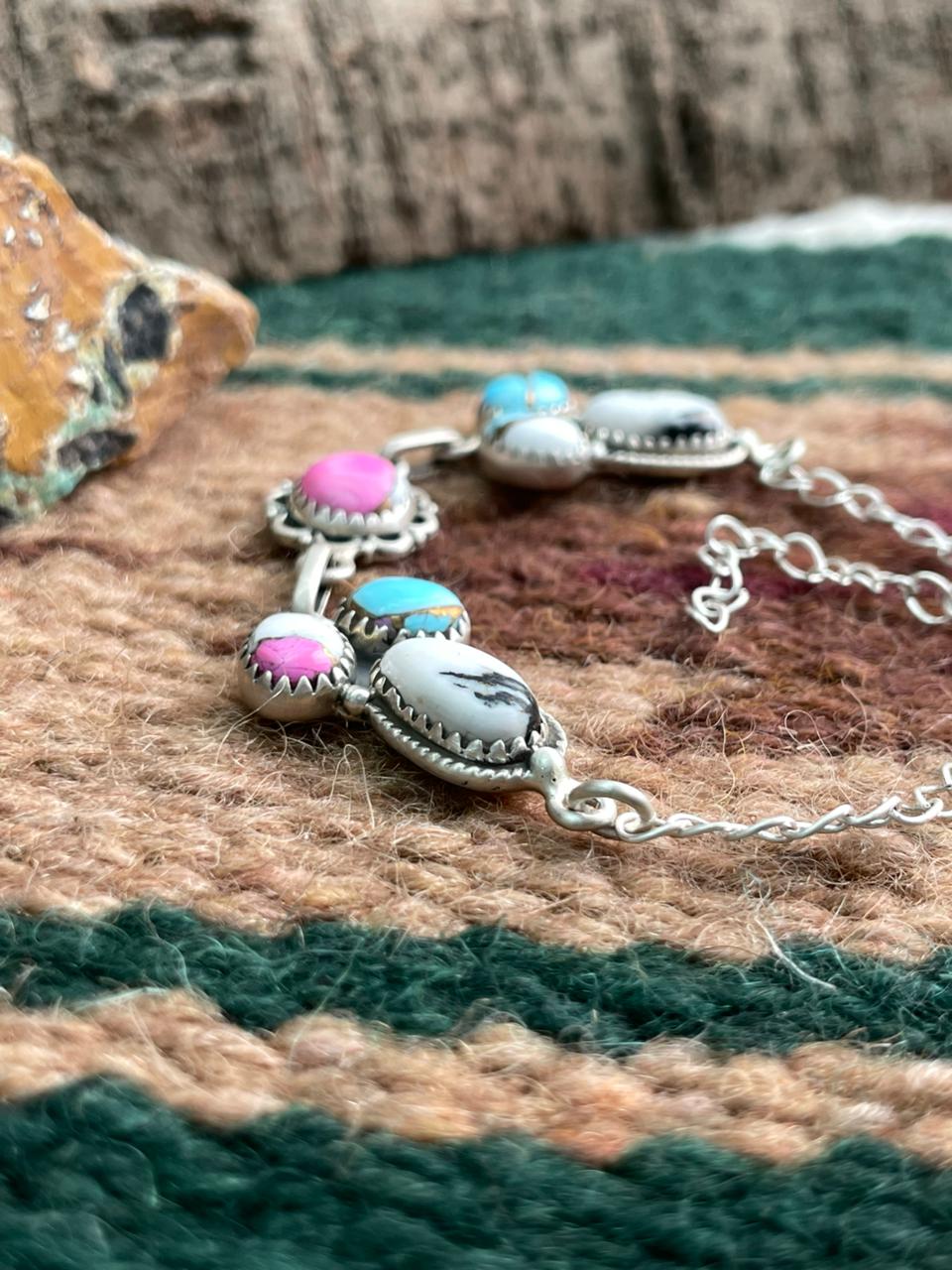 Handmade Sterling Silver Cotton Candy with White Buffalo Chain Bracelet "Signed Nizhoni"