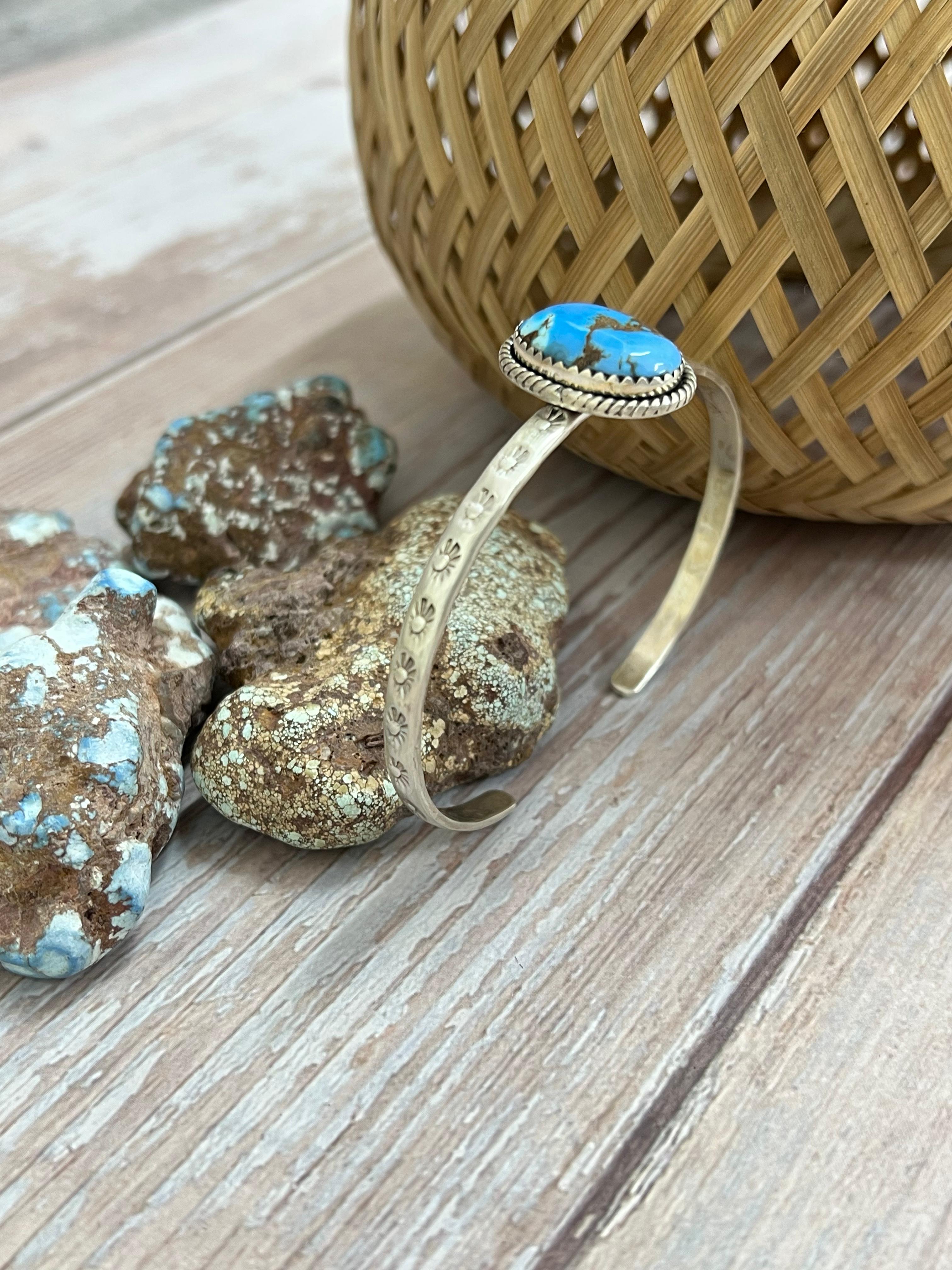 Handmade Sterling Silver Golden Hills Turquoise Cuff Bracelet with Signed Nizhoni