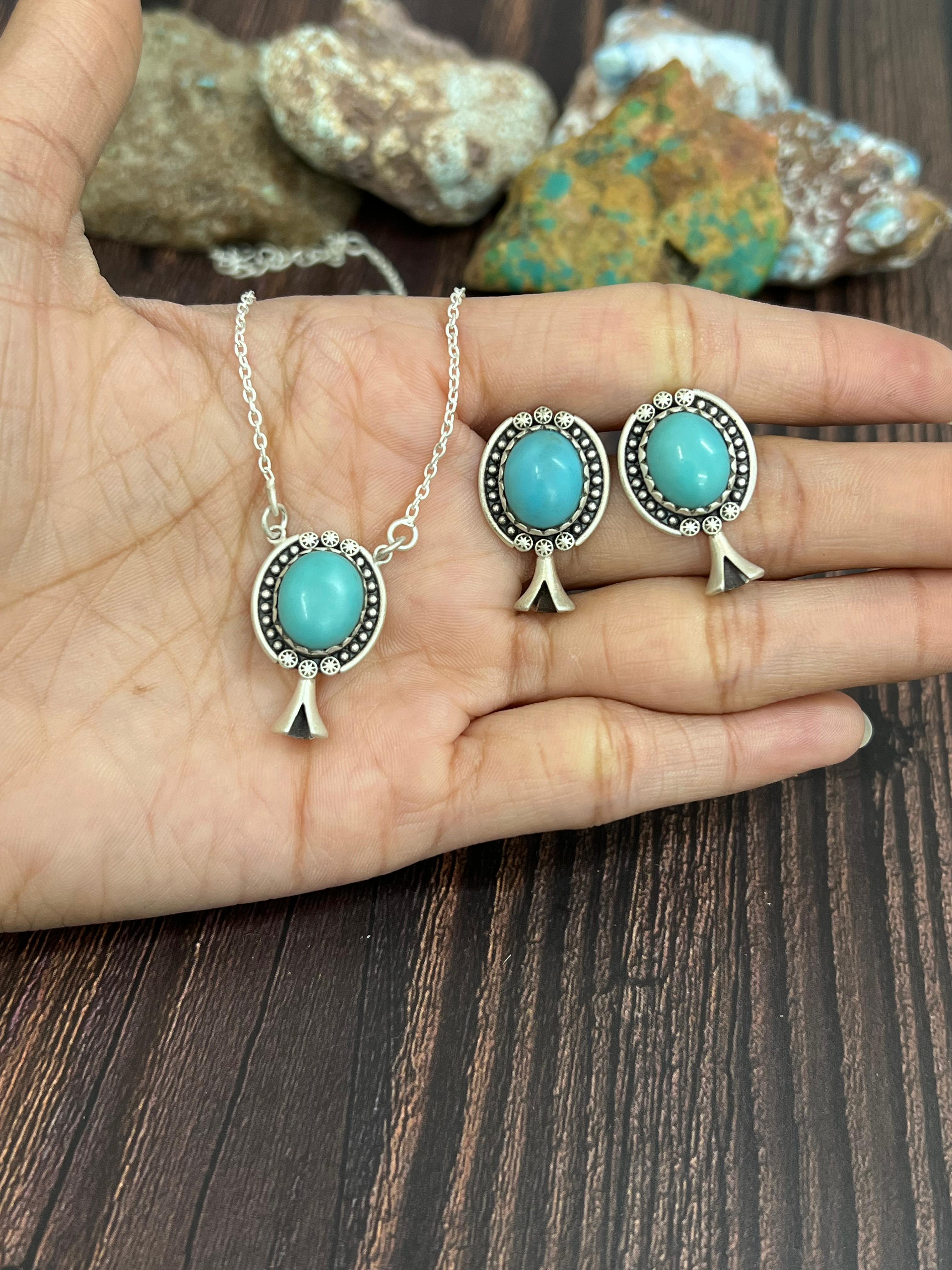 Handmade Sterling Silver Kingman Turquoise Necklace Earrings Set with Signed Nizhoni