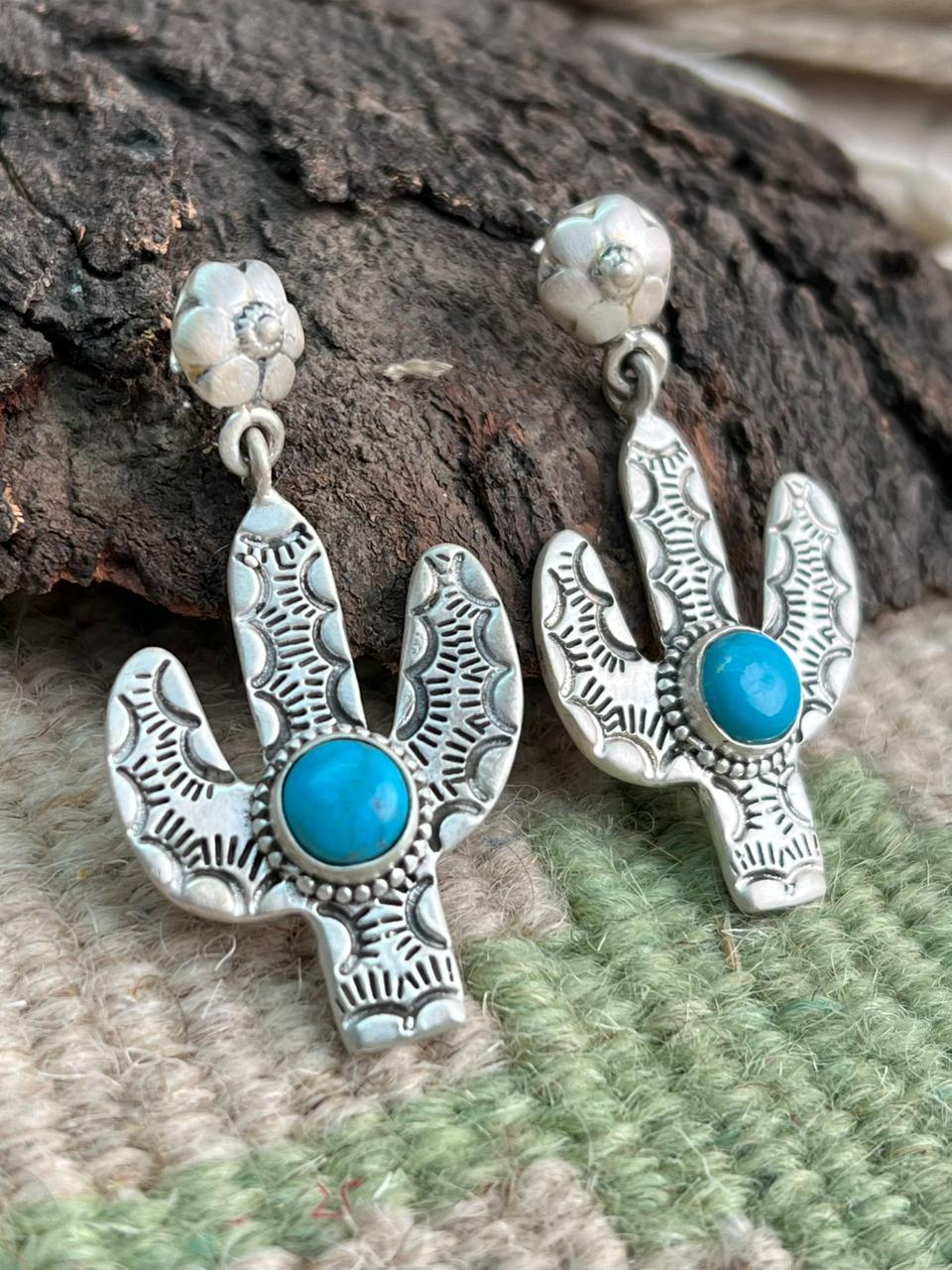 Handmade Sterling Silver Kingman Turquoise Post Dangle Cactus Earrings "Signed Nizhoni"