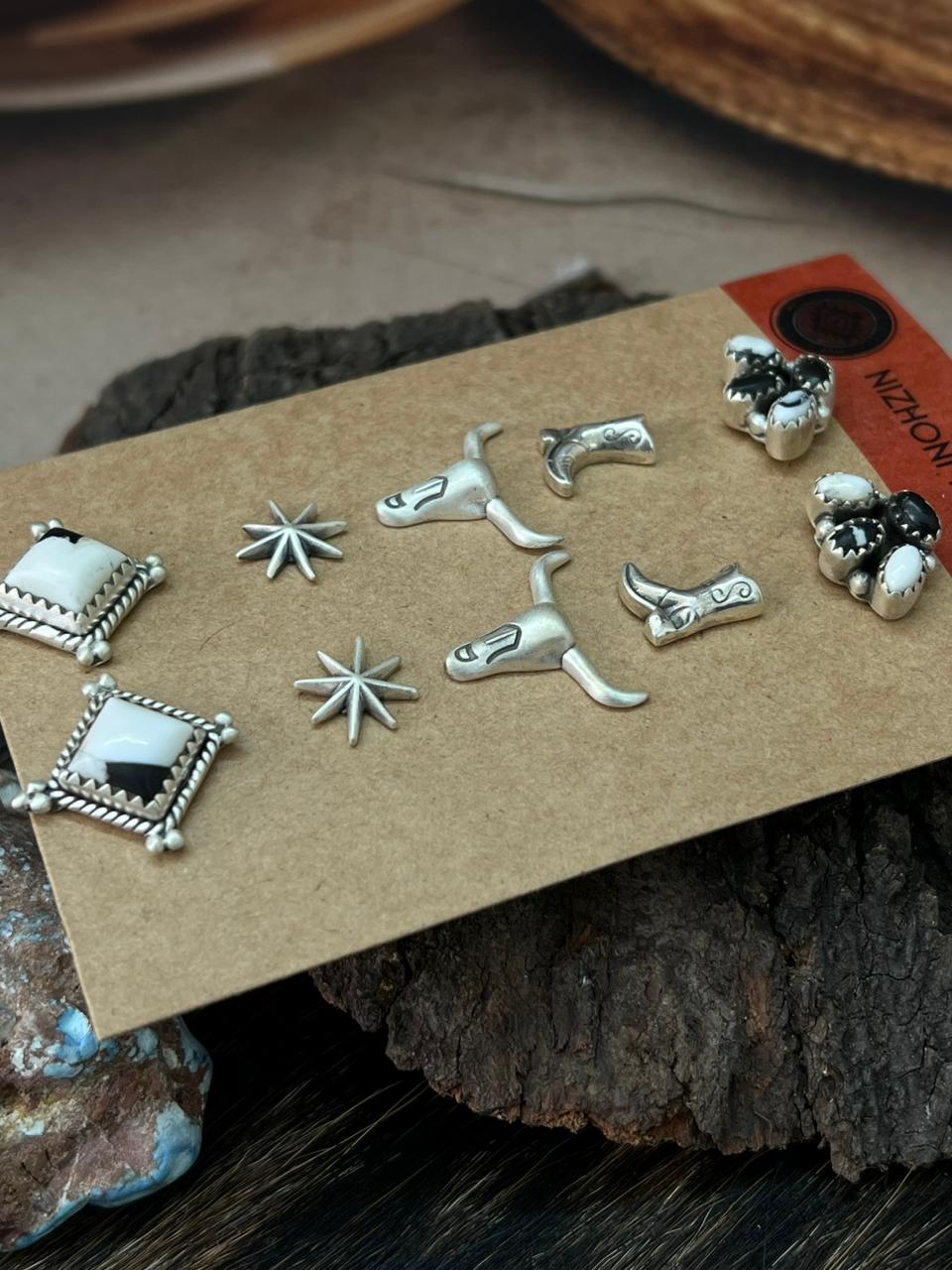Handmade Sterling Silver White Buffalo Post Studs Earrings Set