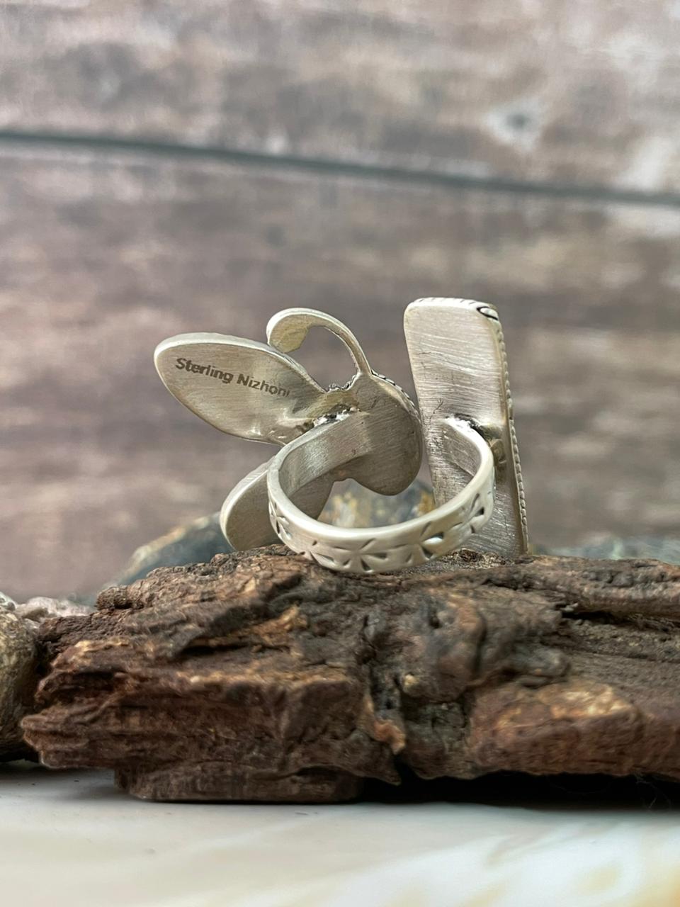Handmade Sterling Silver Spring Collection: Sonoran Mountain Turquoise with Cotton Candy Butterfly Adjustable Ring "Signed Nizhoni"