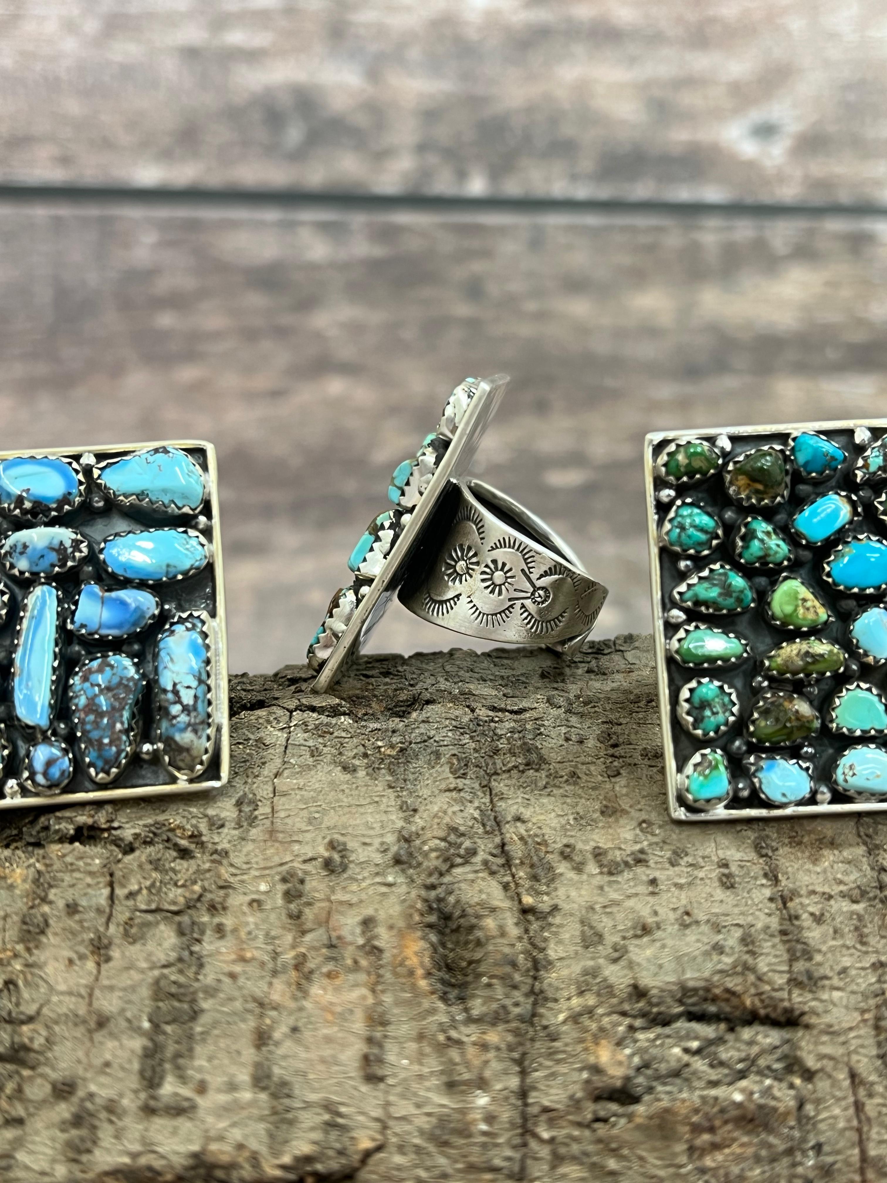 Handmade Sterling Silver Golden Hills, Number 8, Sonoran Mountain Turquoise Adjustable Ring with Signed Nizhoni