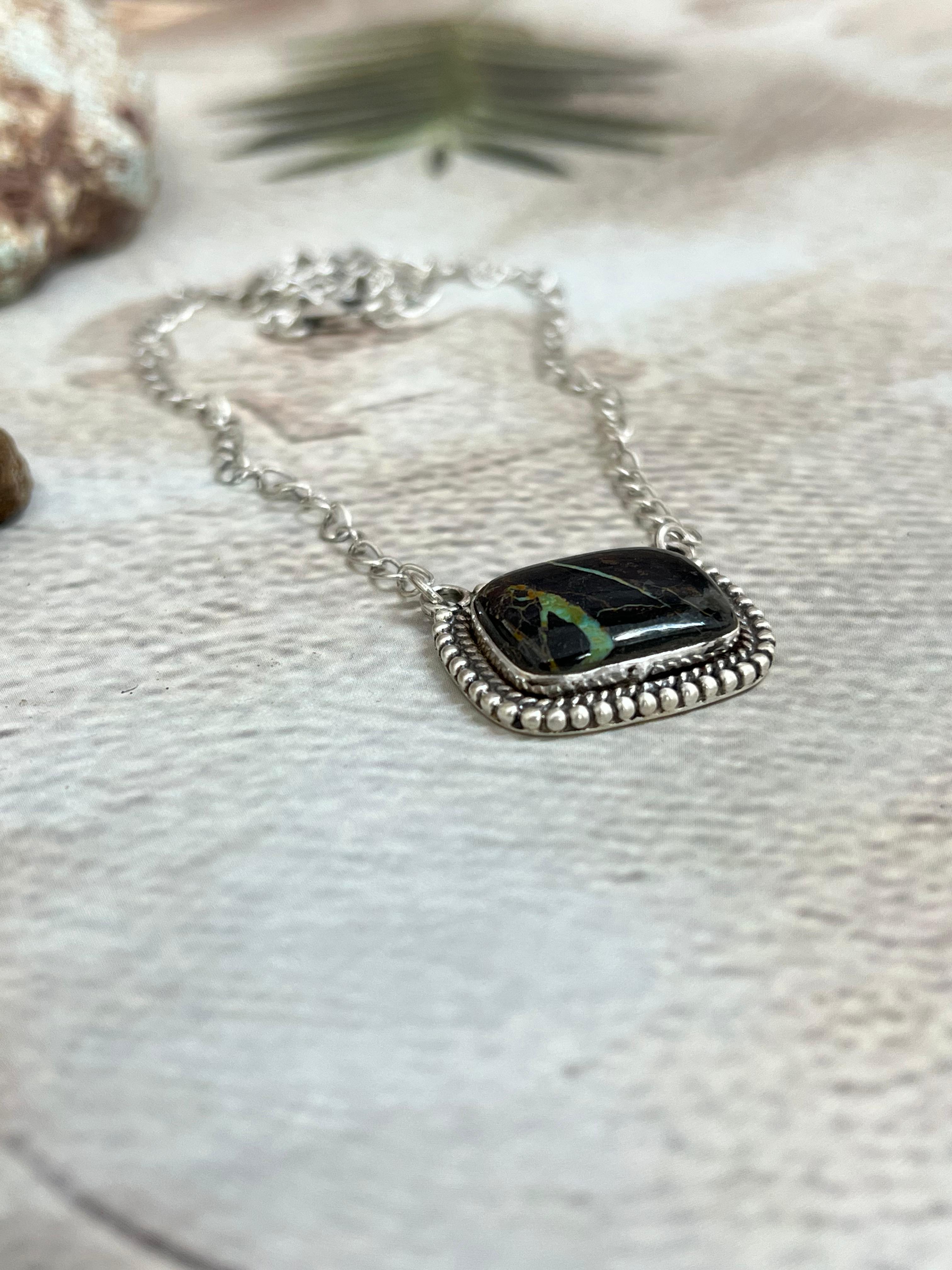 Handmade Sterling Silver Blackjack Turquoise Necklace Signed Nizhoni