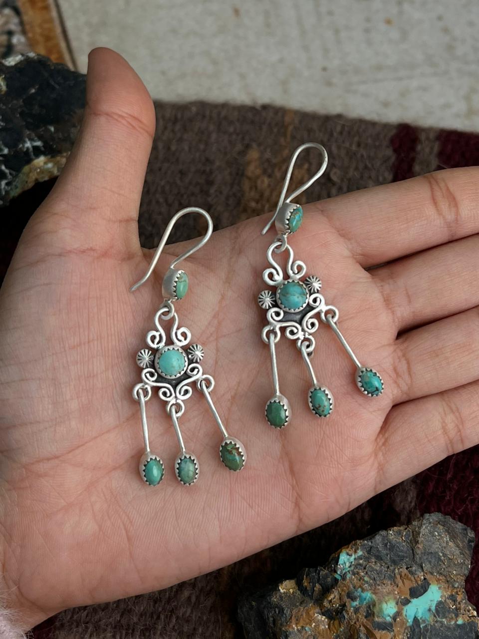 Handmade Sterling Silver Kingman Turquoise Hook Dangle Earrings "Signed Nizhoni"