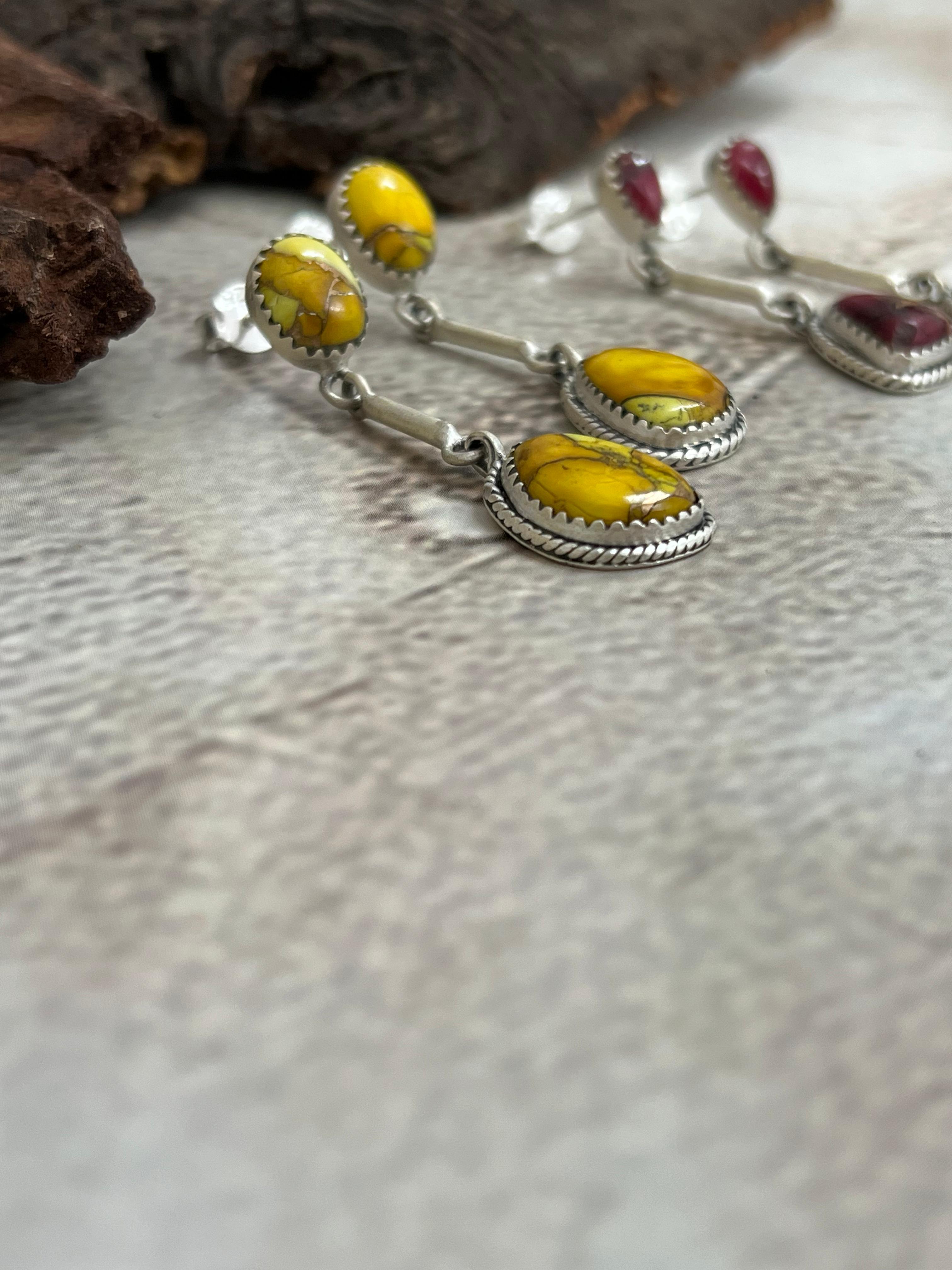 Handmade Sterling Silver Honey Dahlia, Red Rose Dangle Earrings with Signed Nizhoni