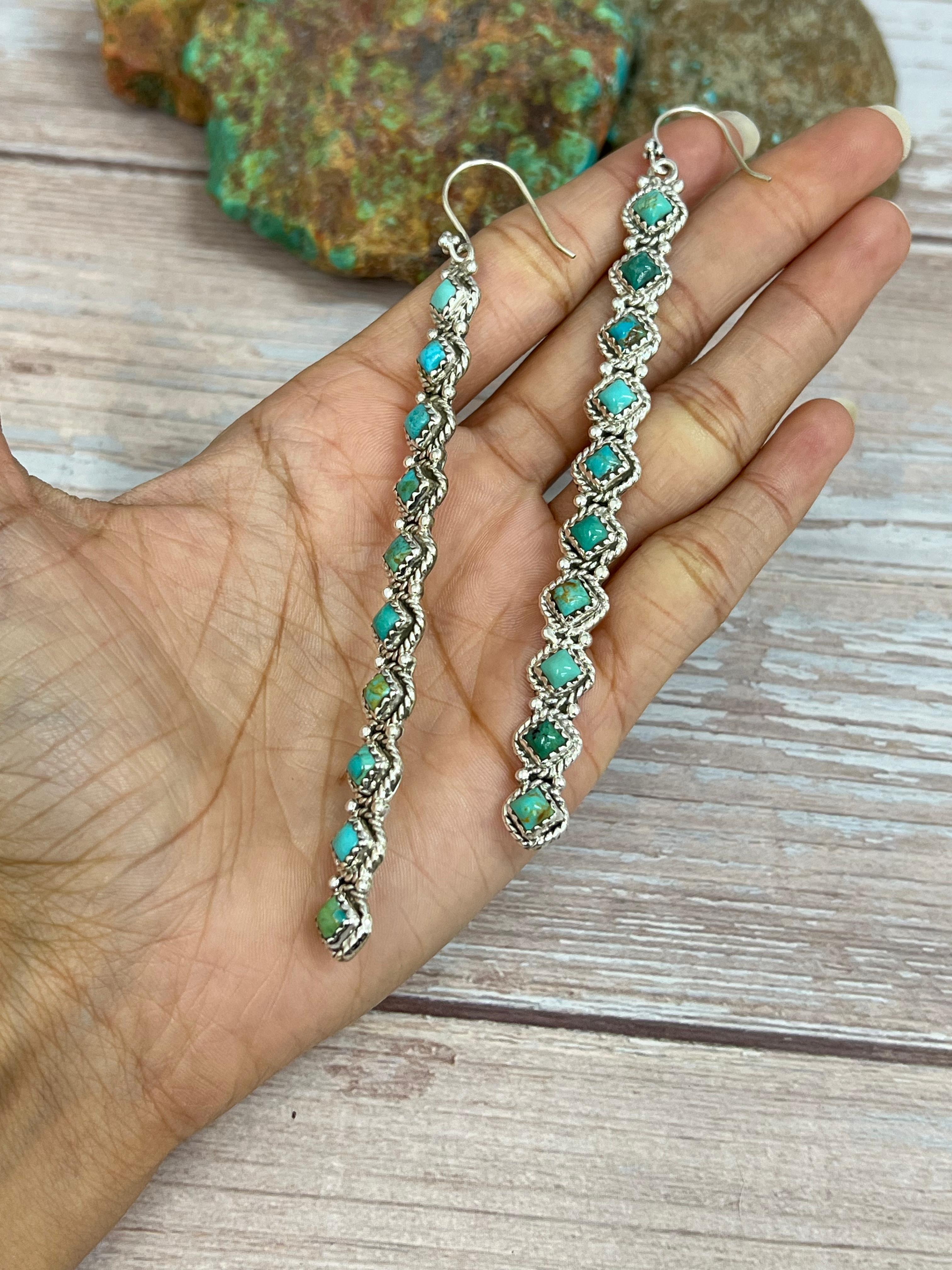 Handmade Sterling Silver Kingman Turquoise Post Dangle Earrings with Signed Nizhoni