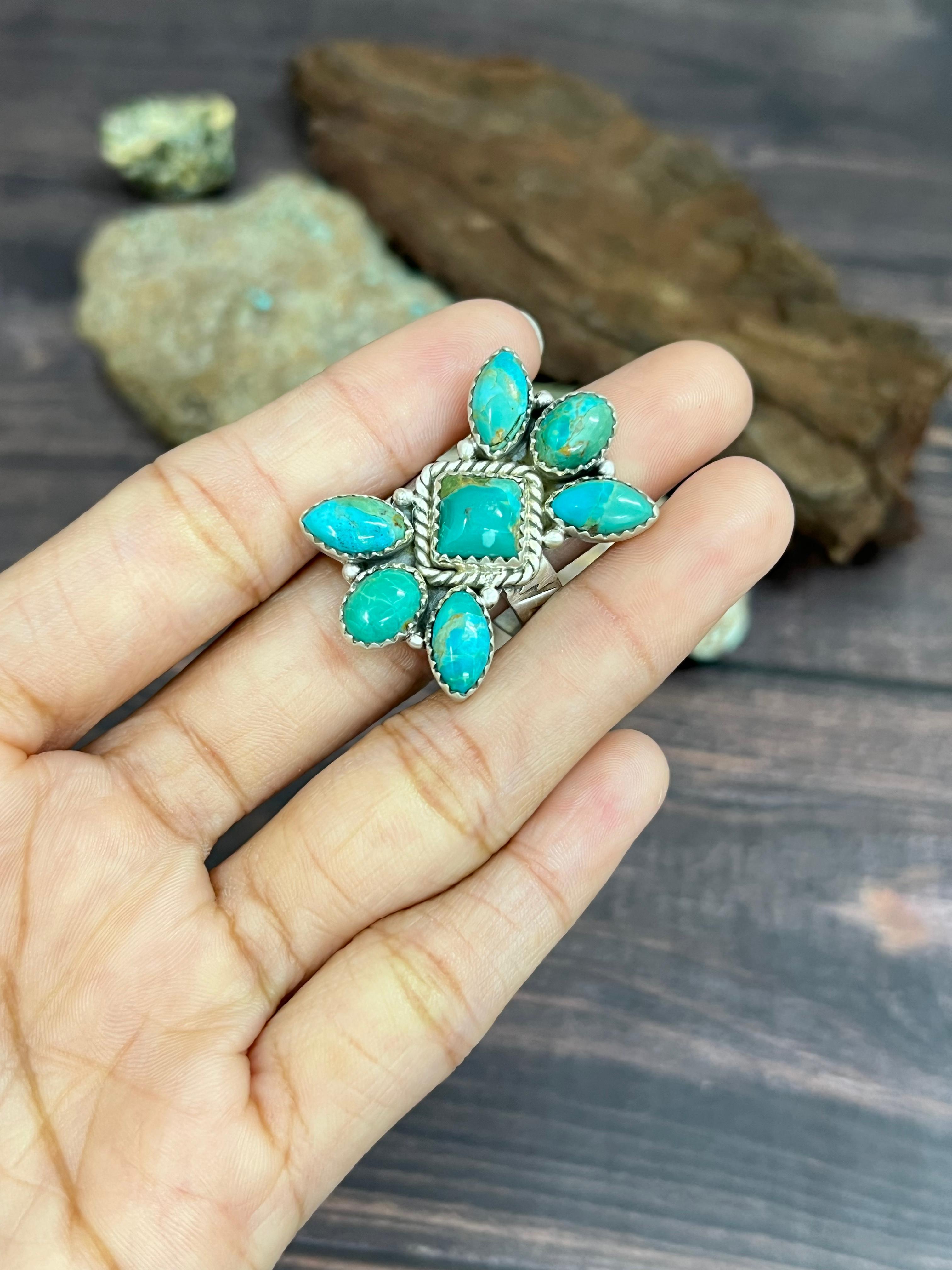 Handmade Sterling Silver Kingman Turquoise Adjustable Ring with Signed Nizhoni