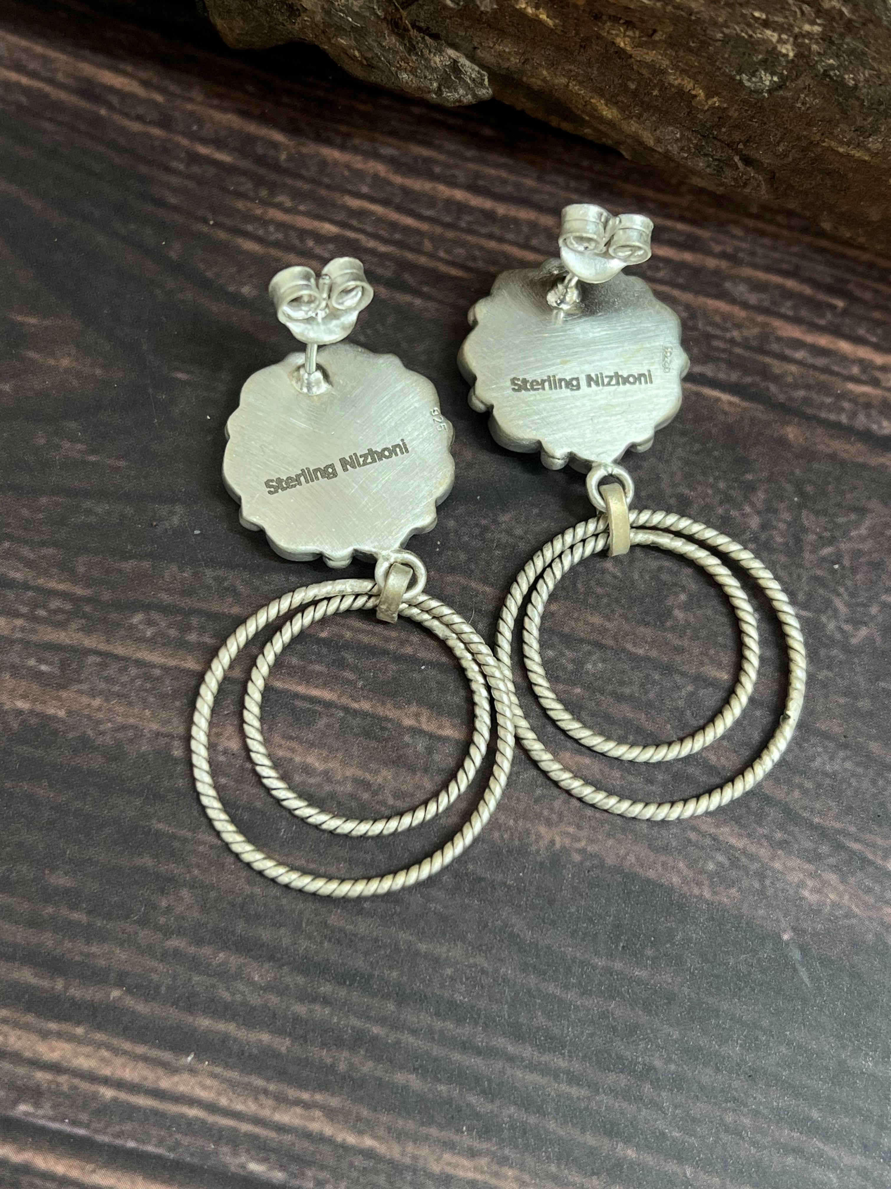 Handmade Sterling Silver Kingman Turquoise Post Dangle Earrings with Signed Nizhoni