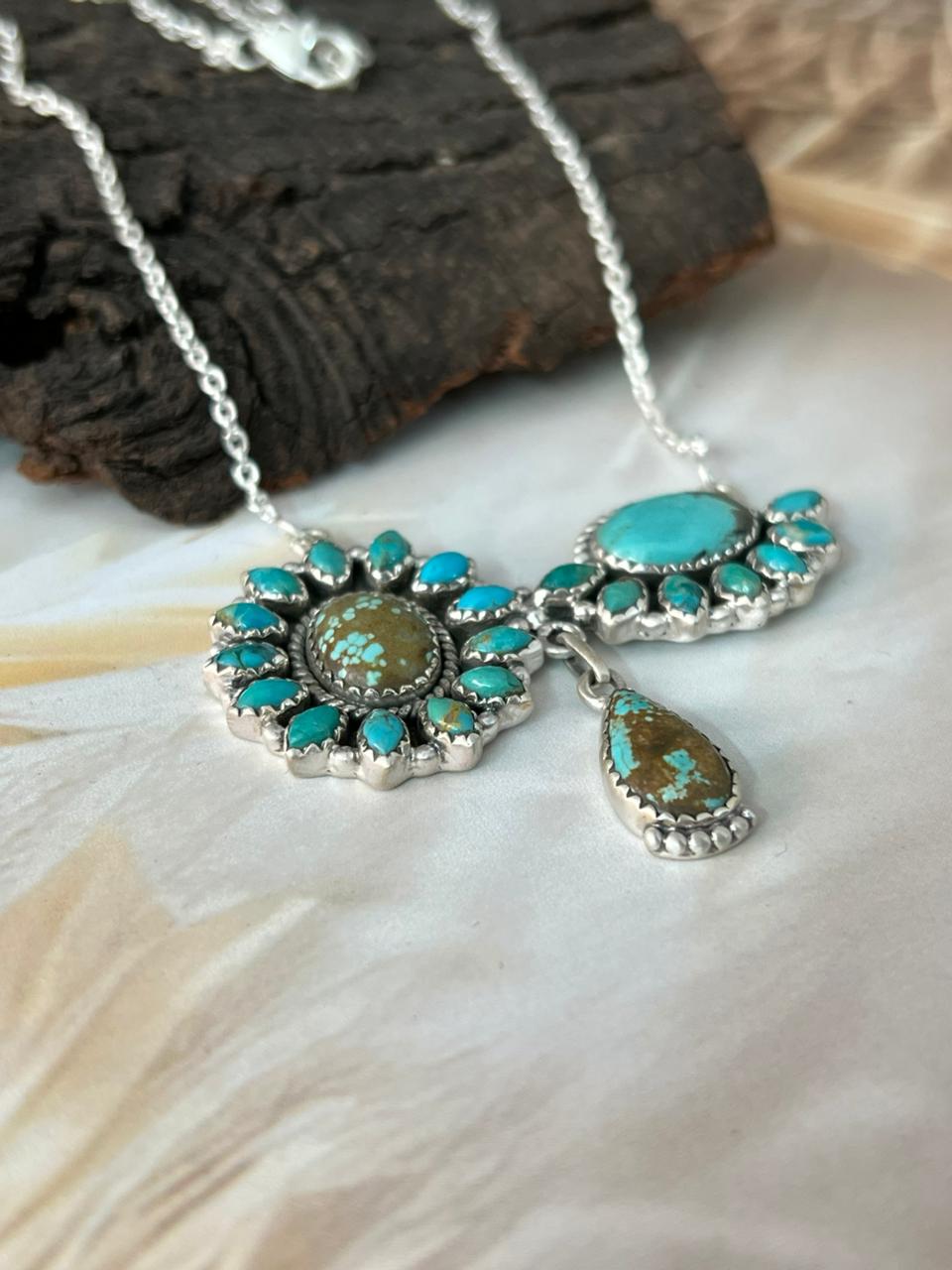 Handmade Sterling Silver Kingman with Number 8 Turquoise Necklace "Signed Nizhoni"