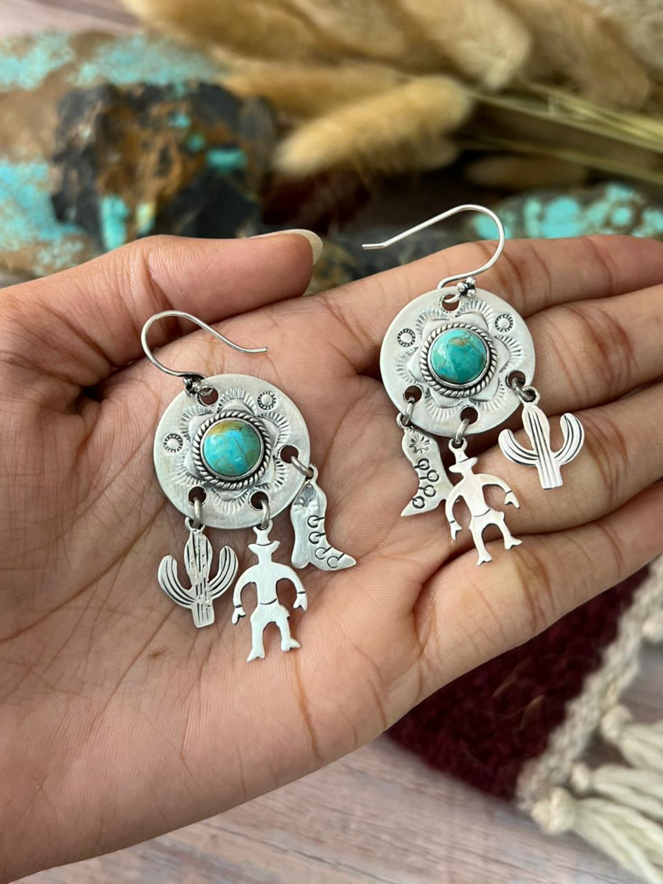 Handmade Sterling Silver Kingman Turquoise Hook Dangle Earrings "Signed Nizhoni"