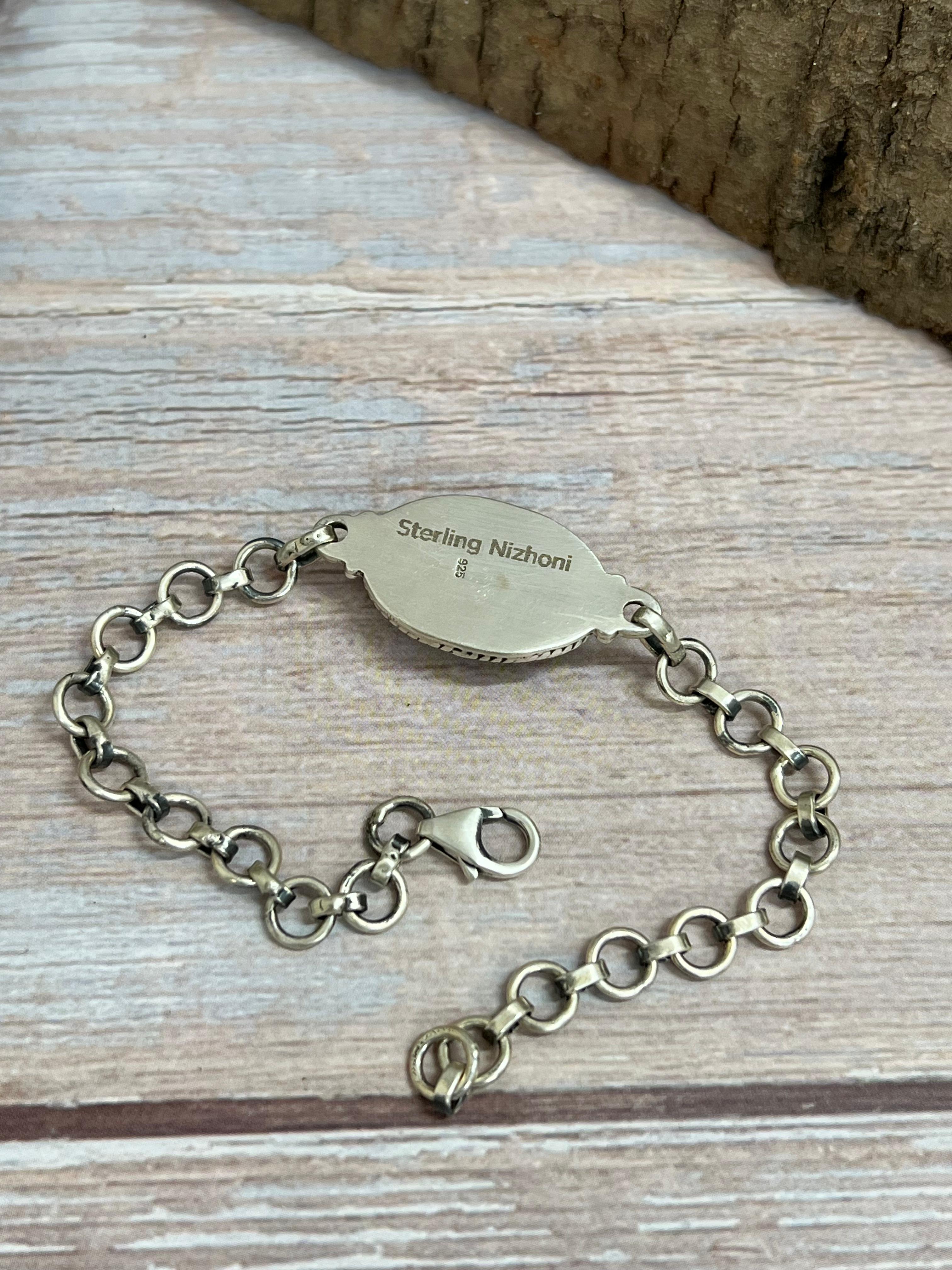 Handmade Sterling Silver Black Jack Chain Bracelet with Signed Nizhoni