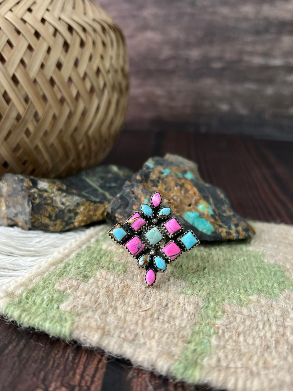 Handmade Sterling Silver Cotton Candy with Paloma Adjustable Ring "Signed Nizhoni"