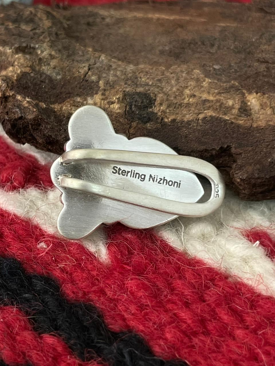 Handmade Sterling Silver Dahlia Rose with Emerald Valley Turquoise Purse Key Clip "Signed Nizhoni"