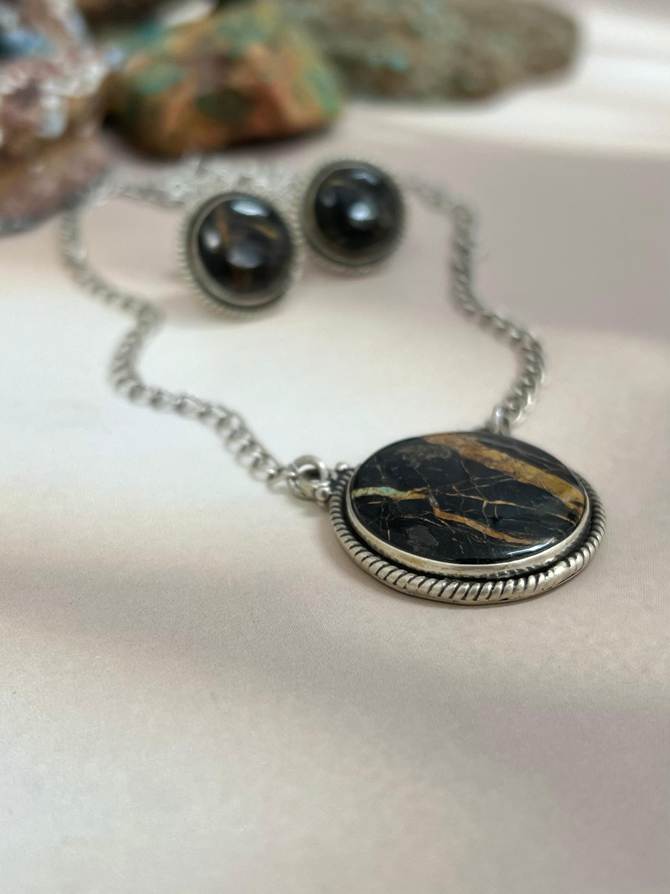 Handmade Sterling Silver Blackjack Turquoise Necklace Earrings Set with Signed Nizhoni