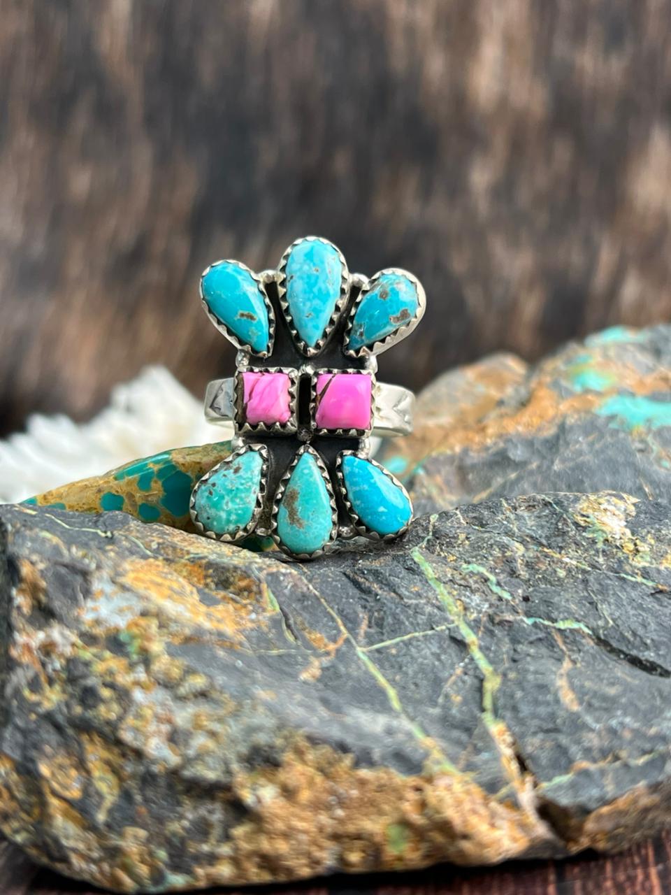 Handmade Sterling Silver White Water with Cotton Candy Adjustable Ring "Signed Nizhoni"