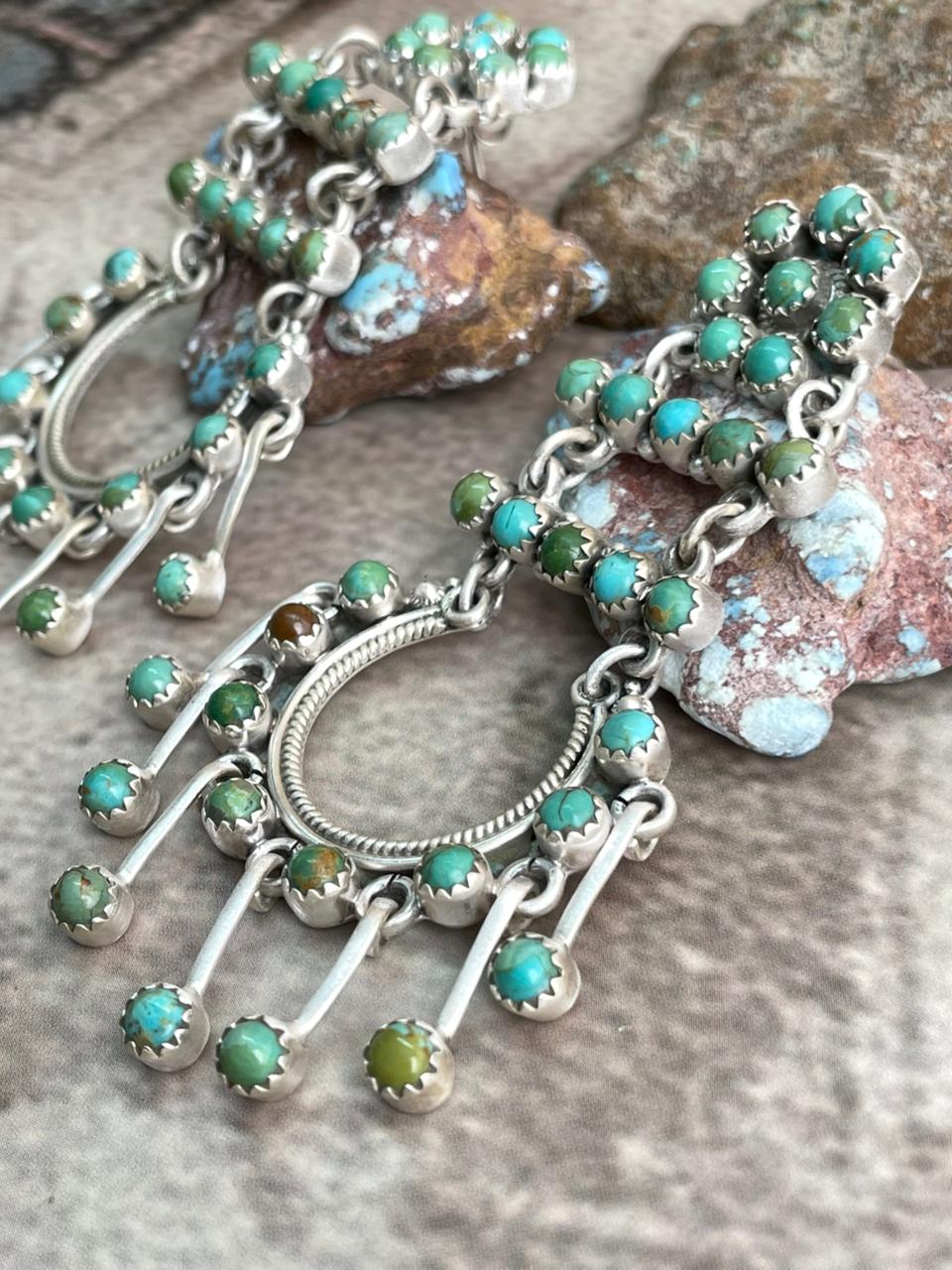 Handmade Sterling Silver Kingman Turquoise Post Dangle Earrings with Signed Nizhoni
