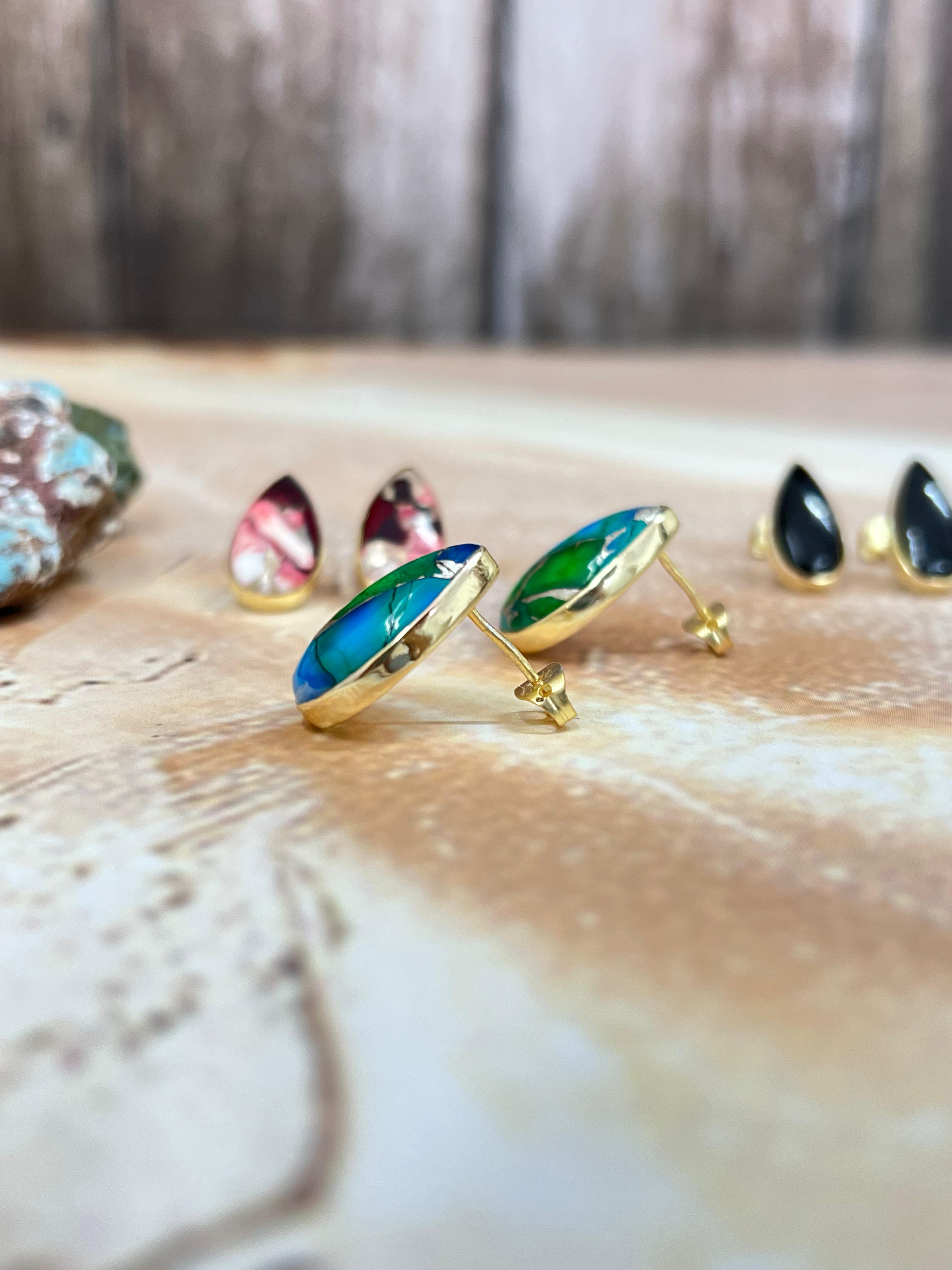 “The Golden Collection” Handmade Natural Black Onyx, Dahlia Rose, Peacock Dahlia Post Earrings