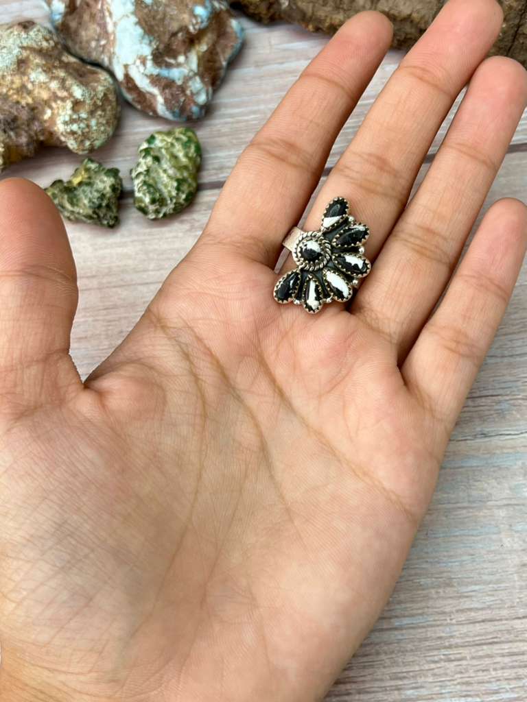 Handmade Sterling Silver White Buffalo Adjustable Ring with Signed Nizhoni