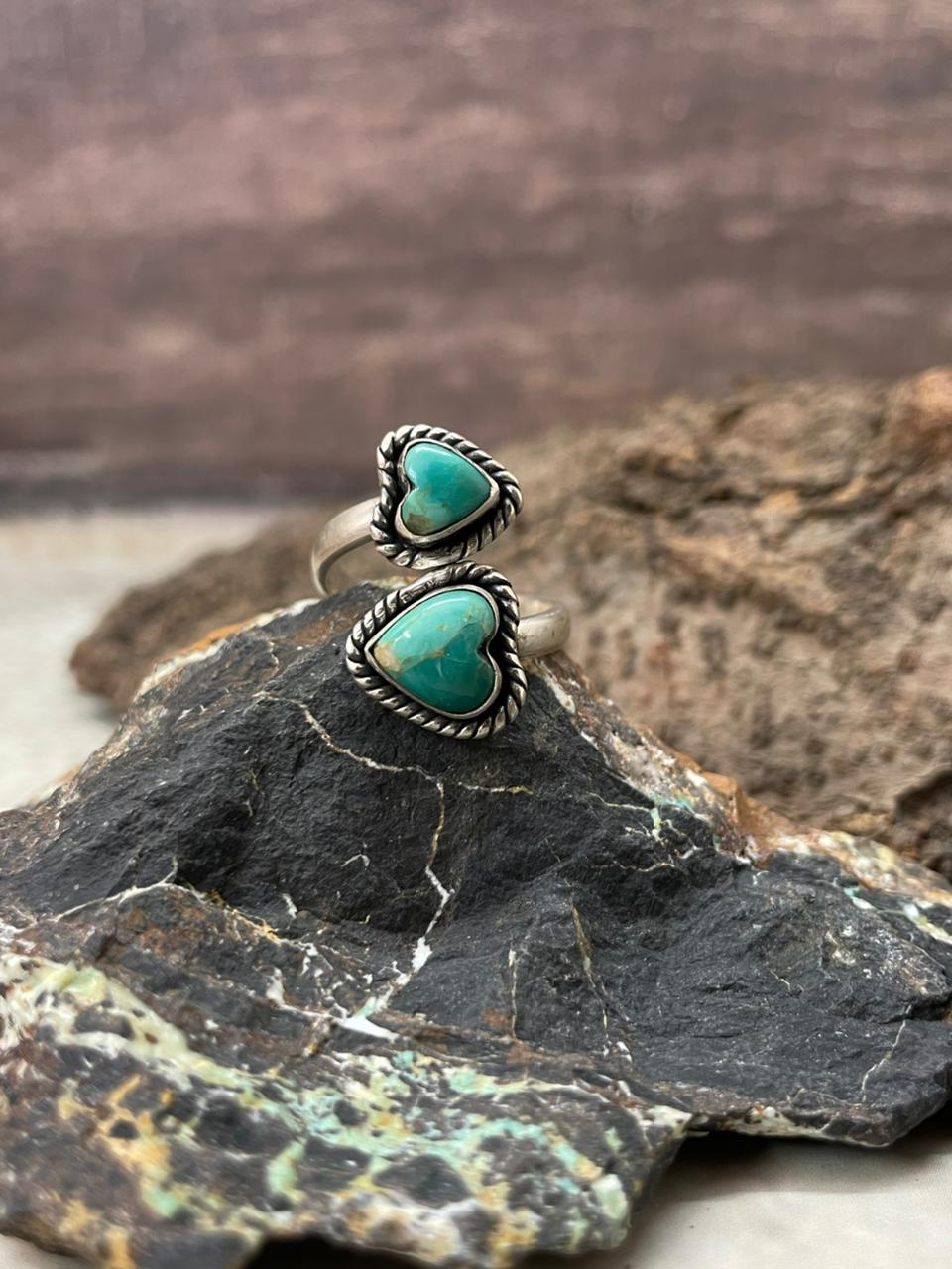 "Heart Collection" Handmade Sterling Silver Kingman Turquoise Adjustable Ring "Signed Nizhoni"