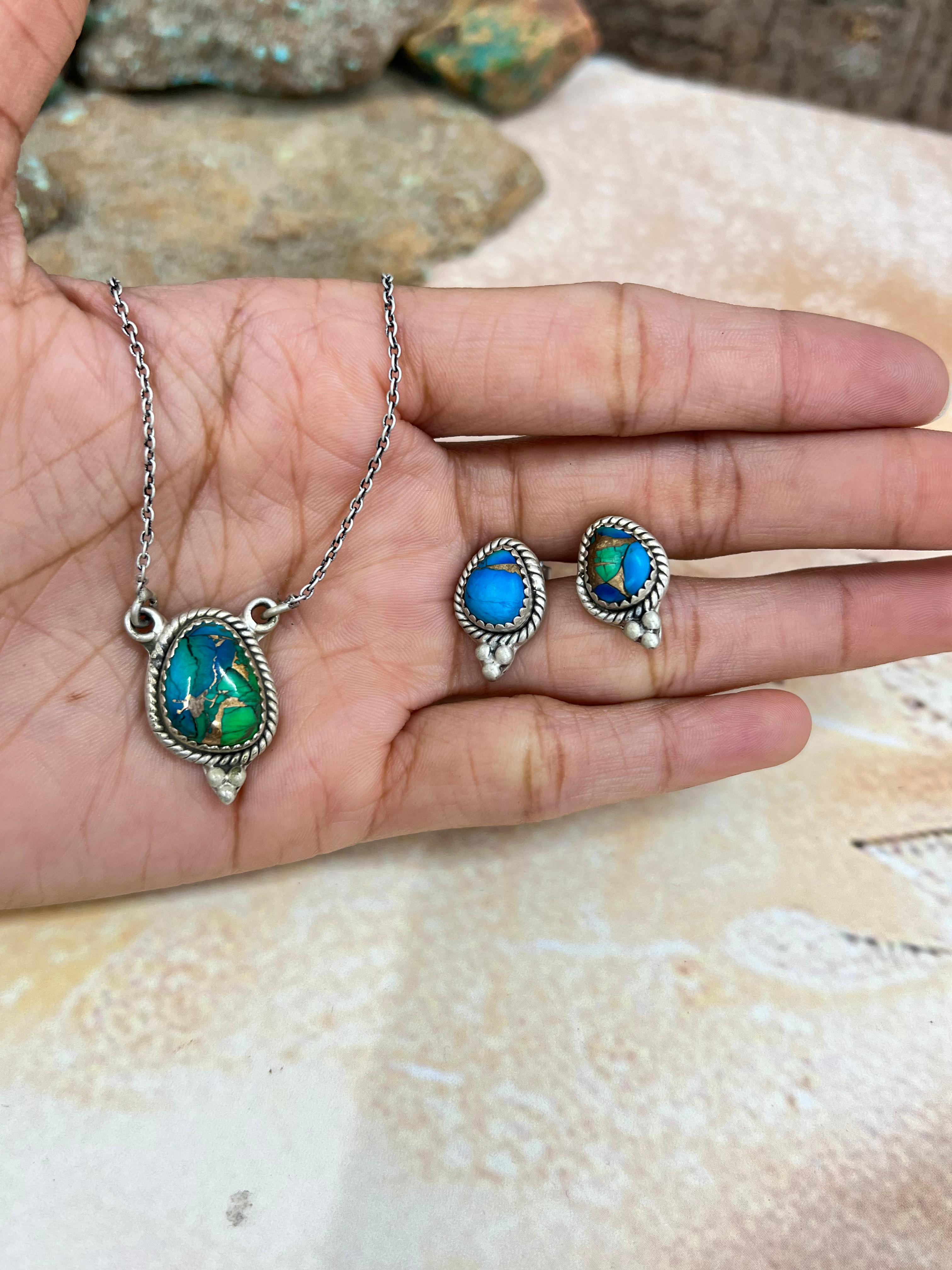 Handmade Sterling Silver Peacock Dahlia Necklace Earrings Set with Signed Nizhoni