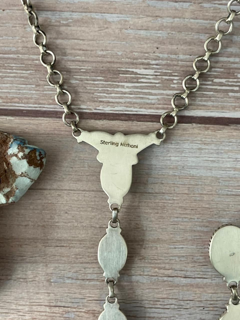 Handmade Sterling Silver Dahlia Rose with Emerald Valley Turquoise Necklace "Signed Nizhoni"