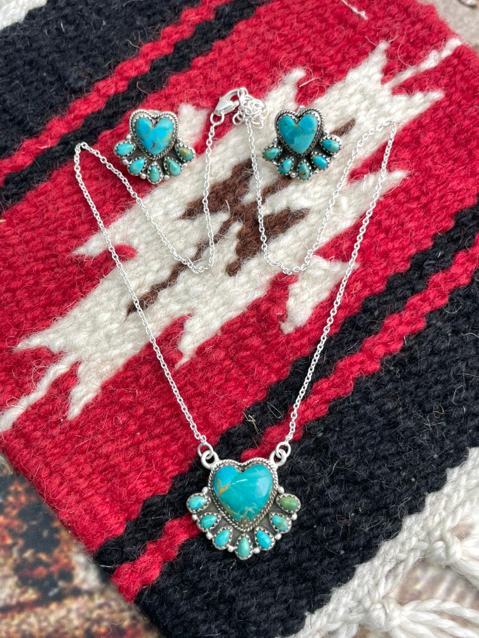 Handmade Sterling Silver Kingman Turquoise Necklace Earrings Set "Signed Nizhoni"