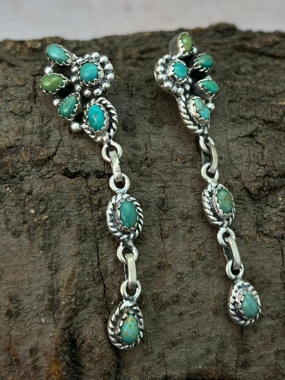 Handmade Sterling Silver Kingman Turquoise Post Dangle Earrings "Signed Nizhoni"