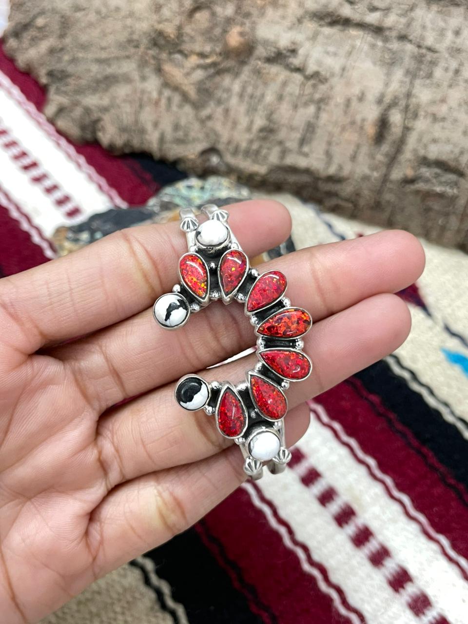 "Christmas Collection" Handmade Sterling Silver White Buffalo With Red Opal Naja Cuff Bracelet "Signed Nizhoni"