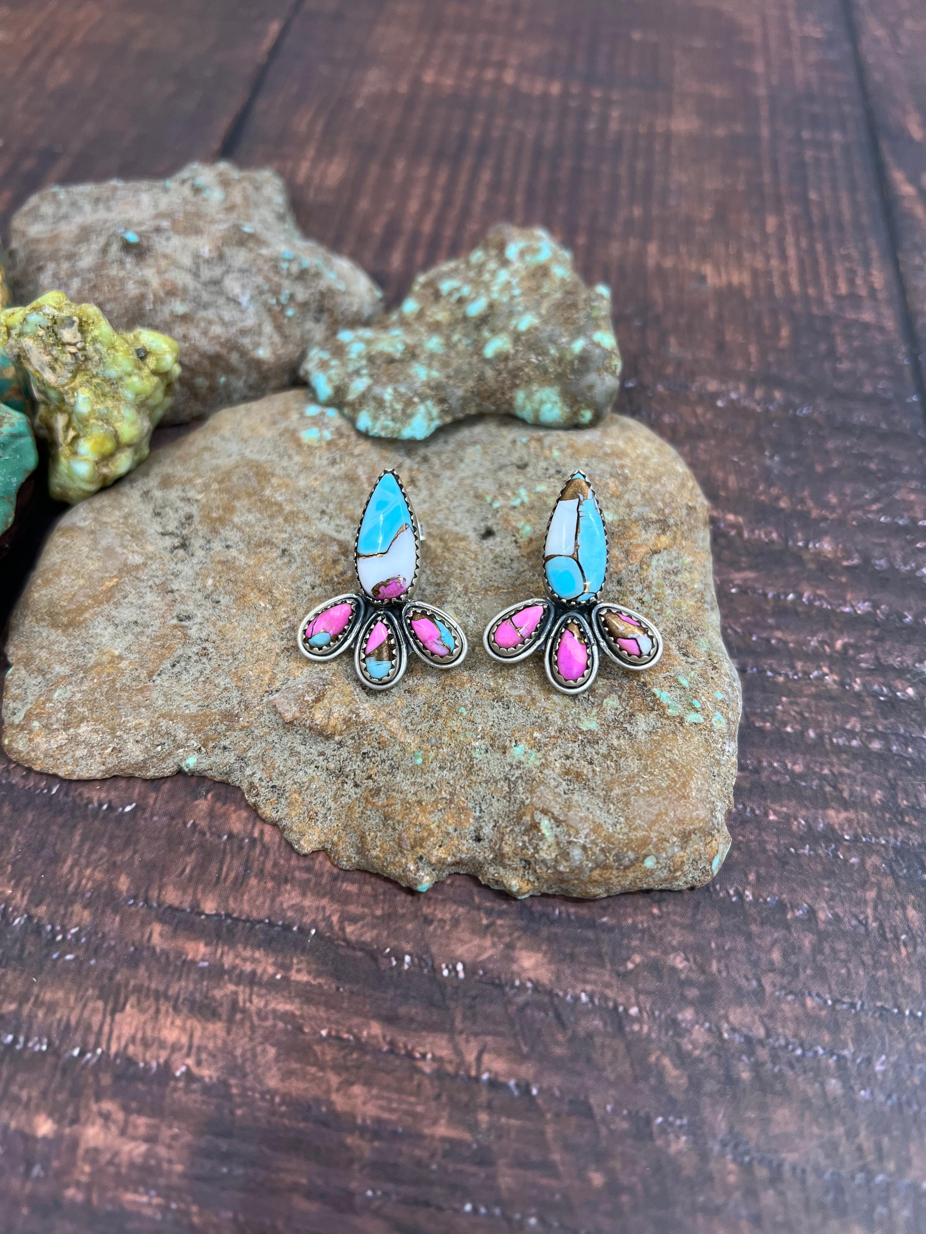 Handmade Sterling Silver Cotton Candy Turquoise Post Earrings with Signed Nizhoni