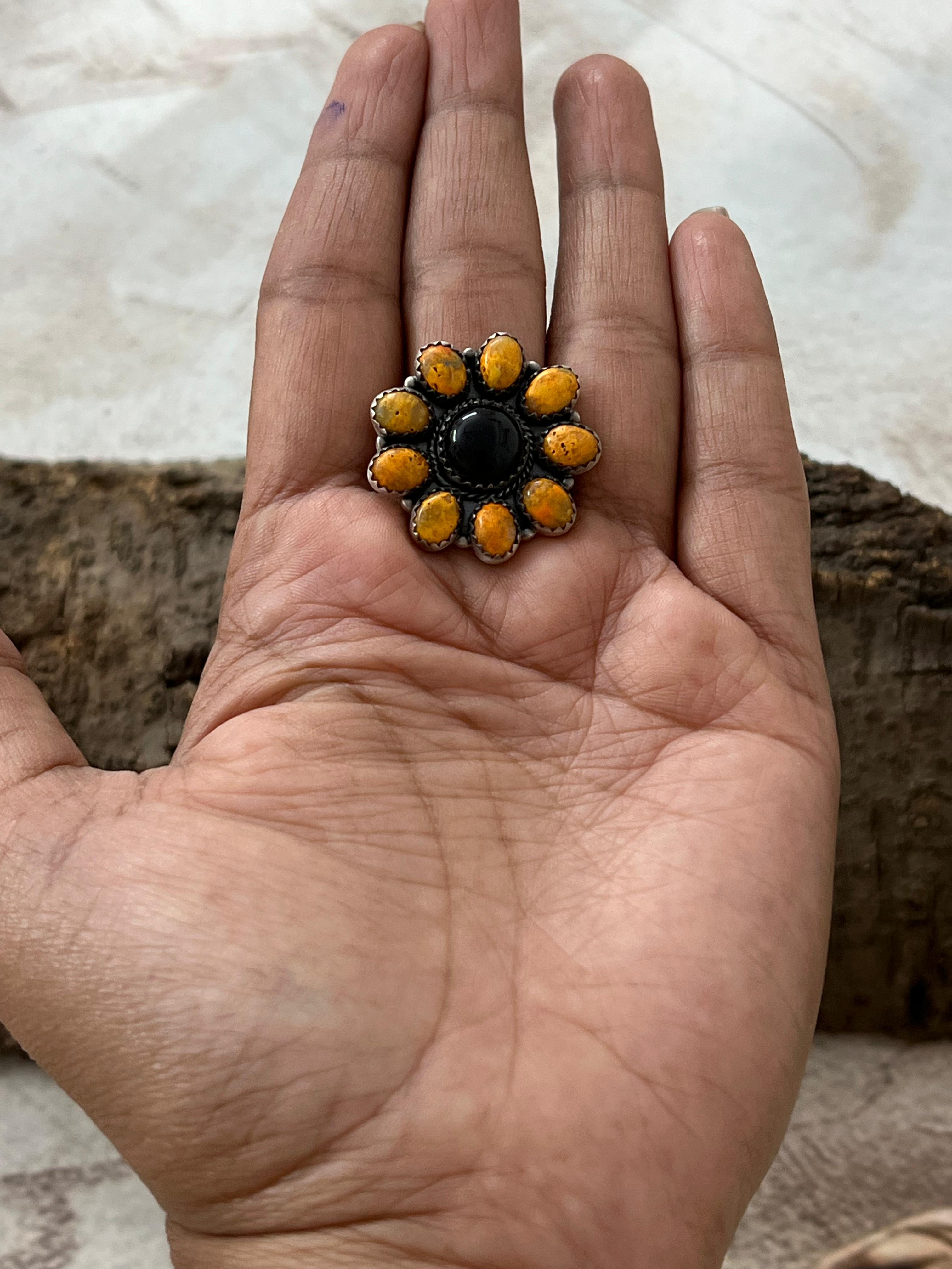 "Halloween Collection" Handmade Sterling Silver Black Onyx, Bumblebee Adjustable Ring with Signed Nizhoni