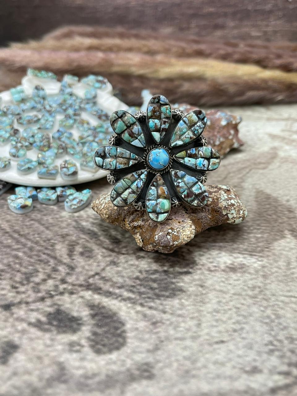 Handmade Sterling Silver 'Golden Hills Turquoise Cobble Collection' Adjustable Ring "Signed Nizhoni"