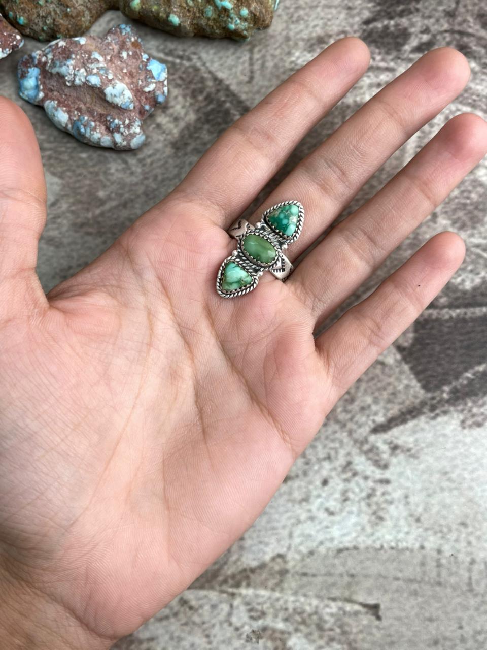 Handmade Sterling Silver Emerald Valley Turquoise Adjustable Ring with Signed Nizhoni