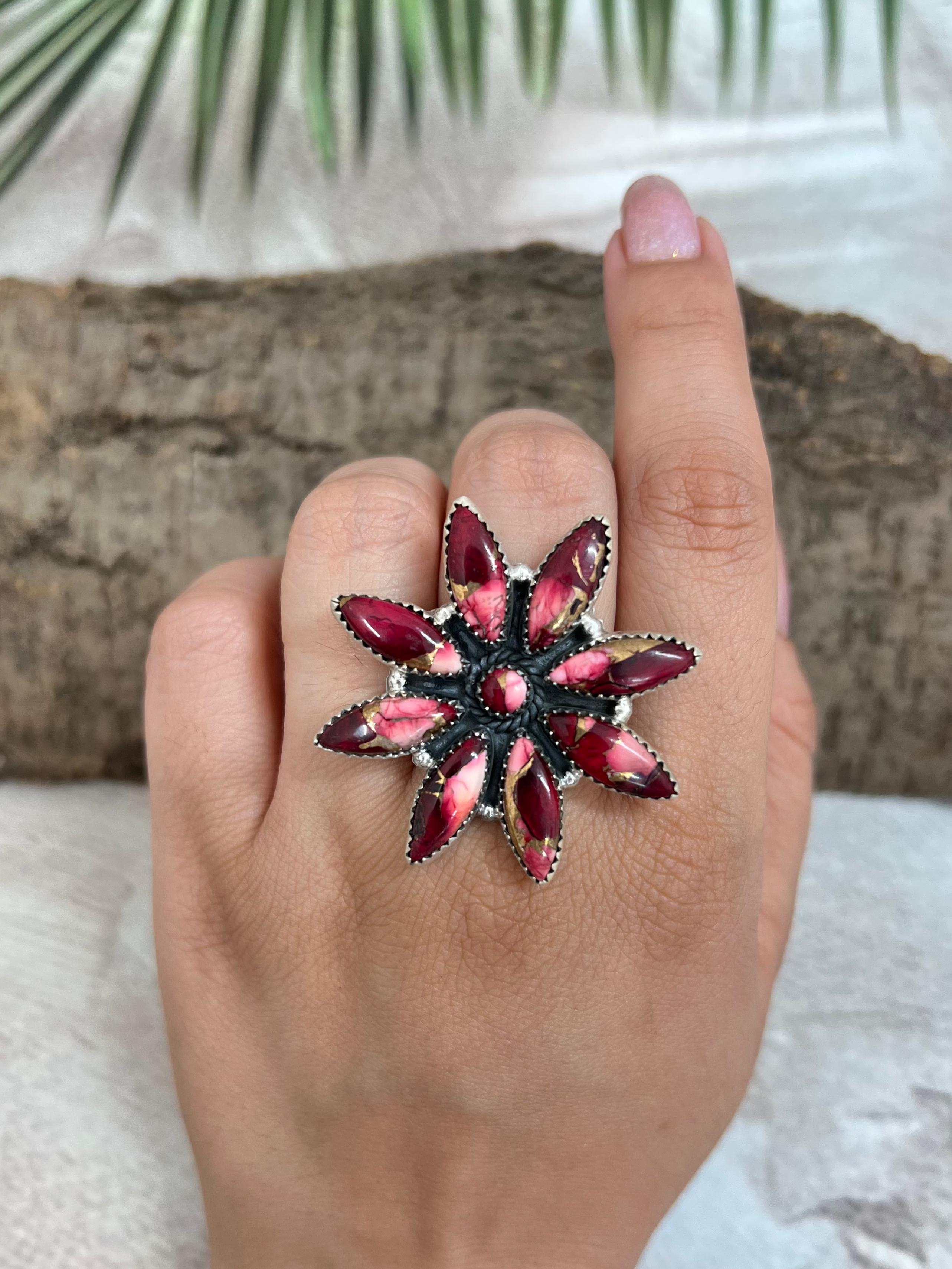 Handmade Sterling Silver Dahlia Rose Flower Adjustable Ring with Signed Nizhoni