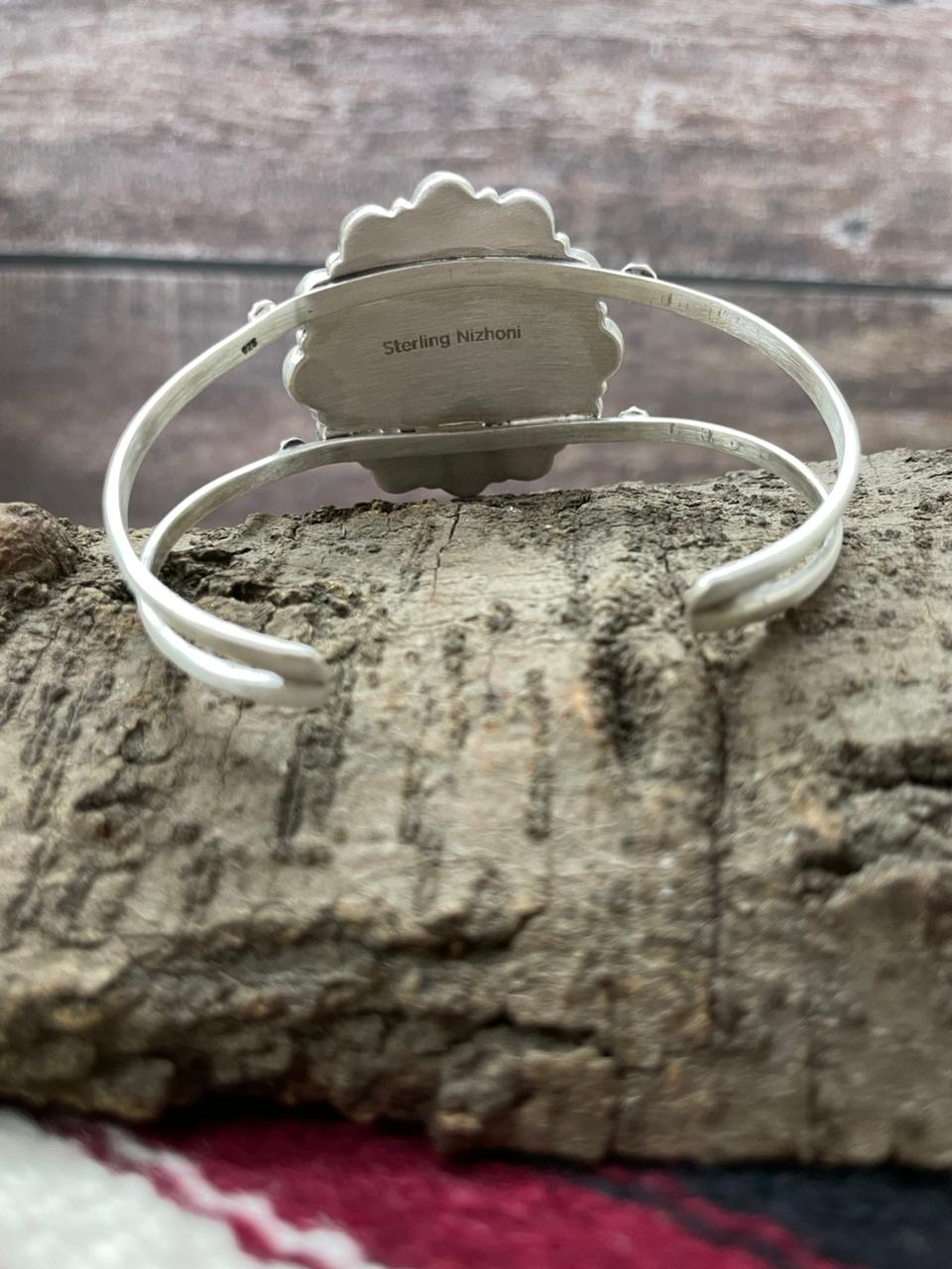 "Christmas Collection" Handmade Sterling Silver White Buffalo With Red Opal Cuff Bracelet "Signed Nizhoni"