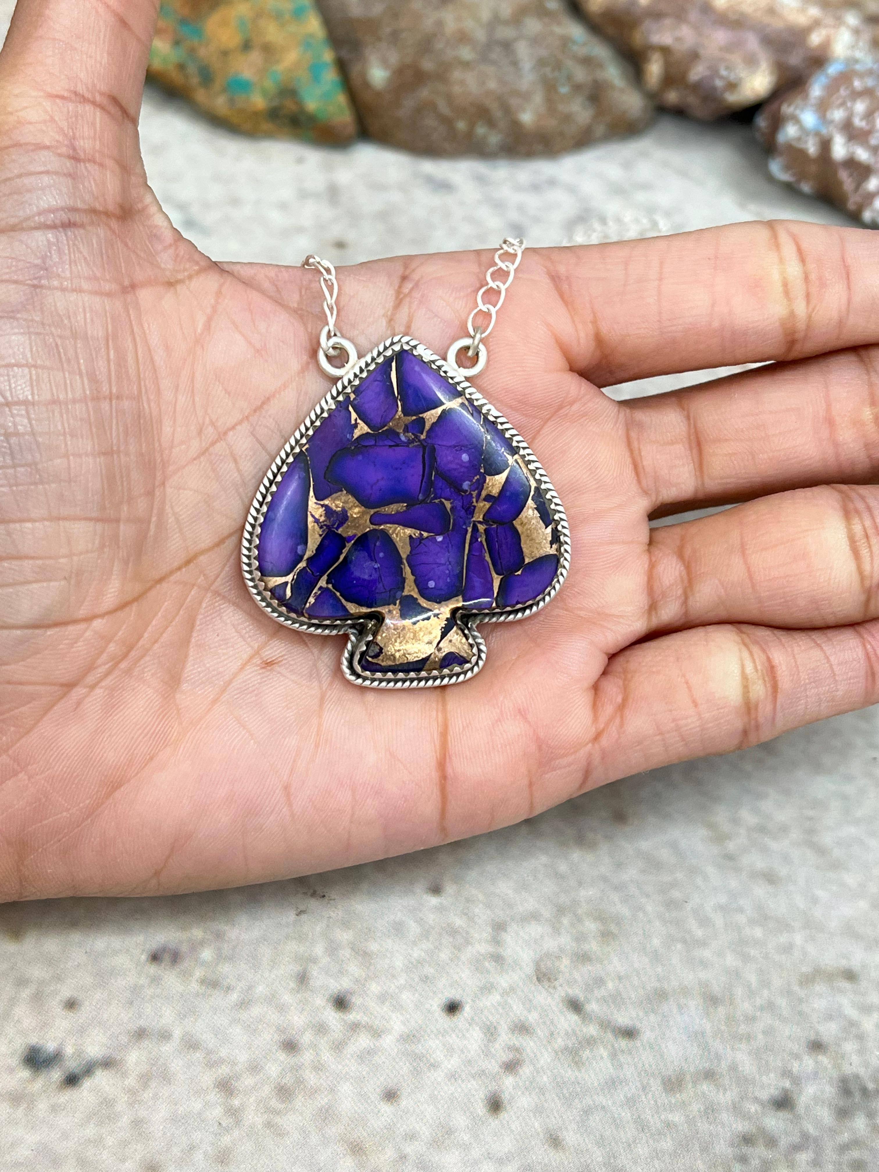 Handmade Sterling Silver Grape Dahlia Spade Necklace with Signed Nizhoni