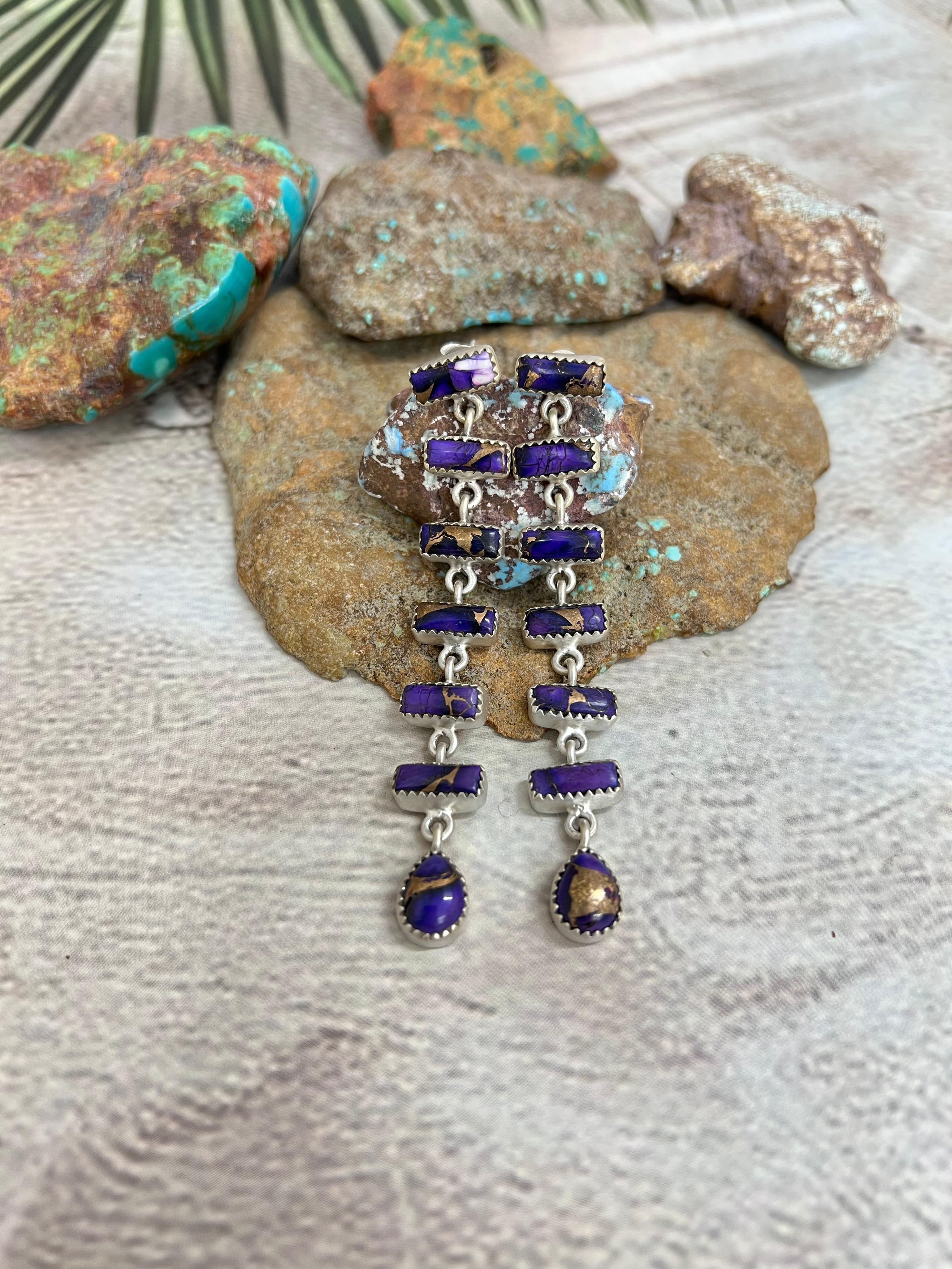 Handmade Sterling Silver Grape Dahlia Dangle Earrings with Signed Nizhoni