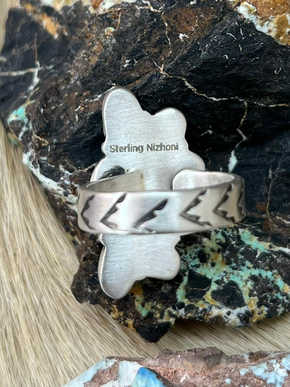 Handmade Sterling Silver Kingman Turquoise Adjustable Ring "Signed Nizhoni"