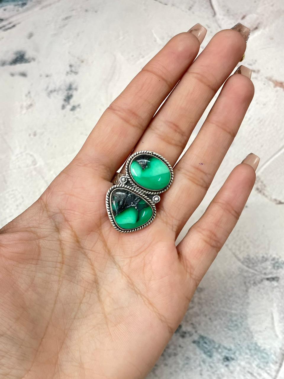 Handmade Sterling Silver Emerald Rose Adjustable Ring "Signed Nizhoni"