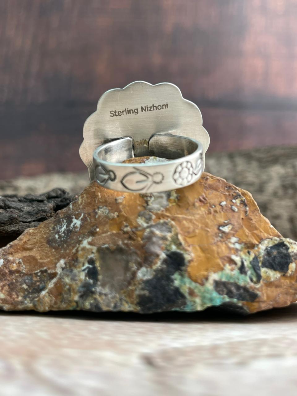 Handmade Sterling Silver Blackjack Turquoise Adjustable Ring "Signed Nizhoni" (6)