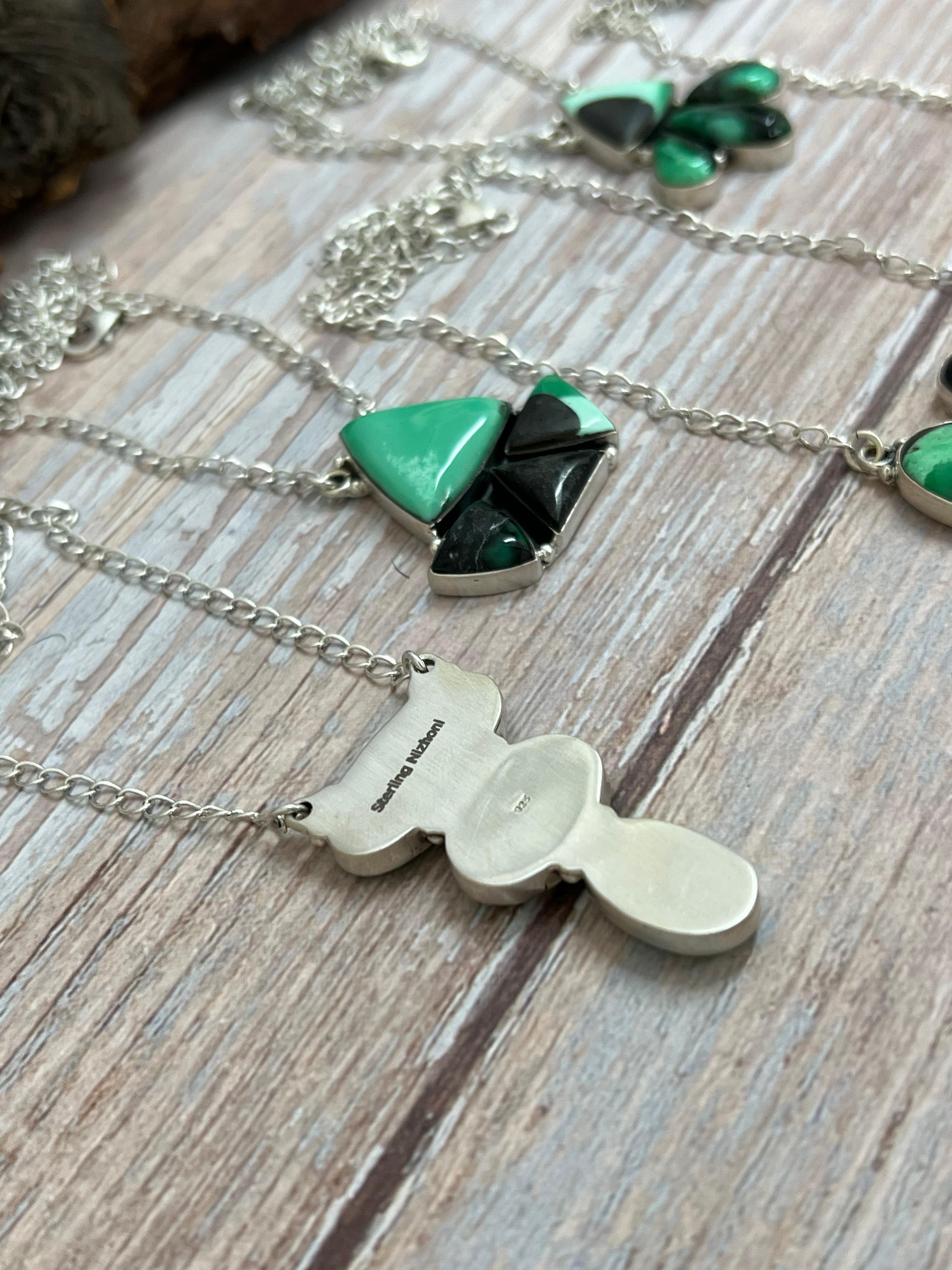 Handmade Sterling Silver Emerald Rose Necklace with Signed Nizhoni