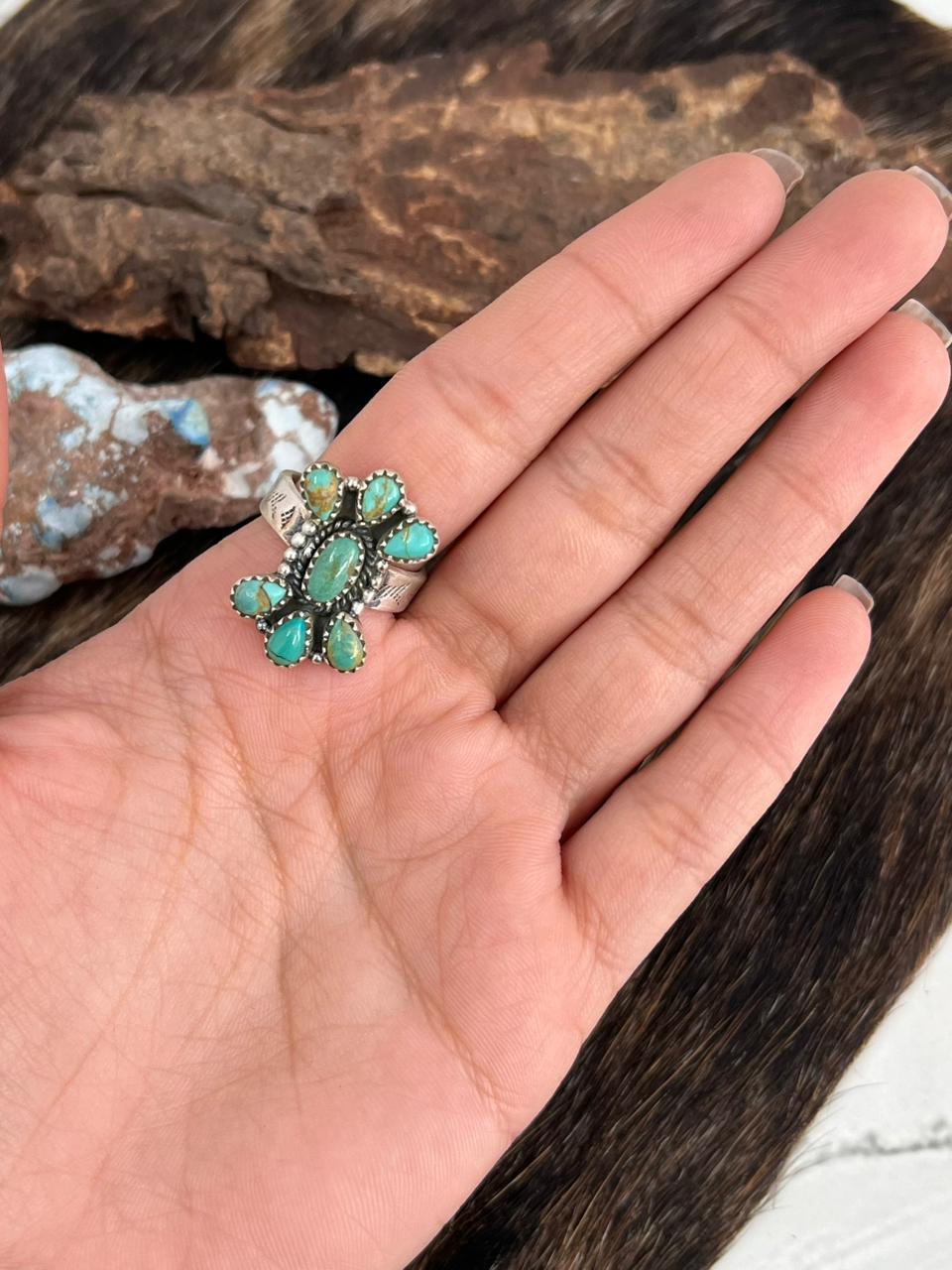 Handmade Sterling Silver Kingman Turquoise Adjustable Ring "Signed Nizhoni"