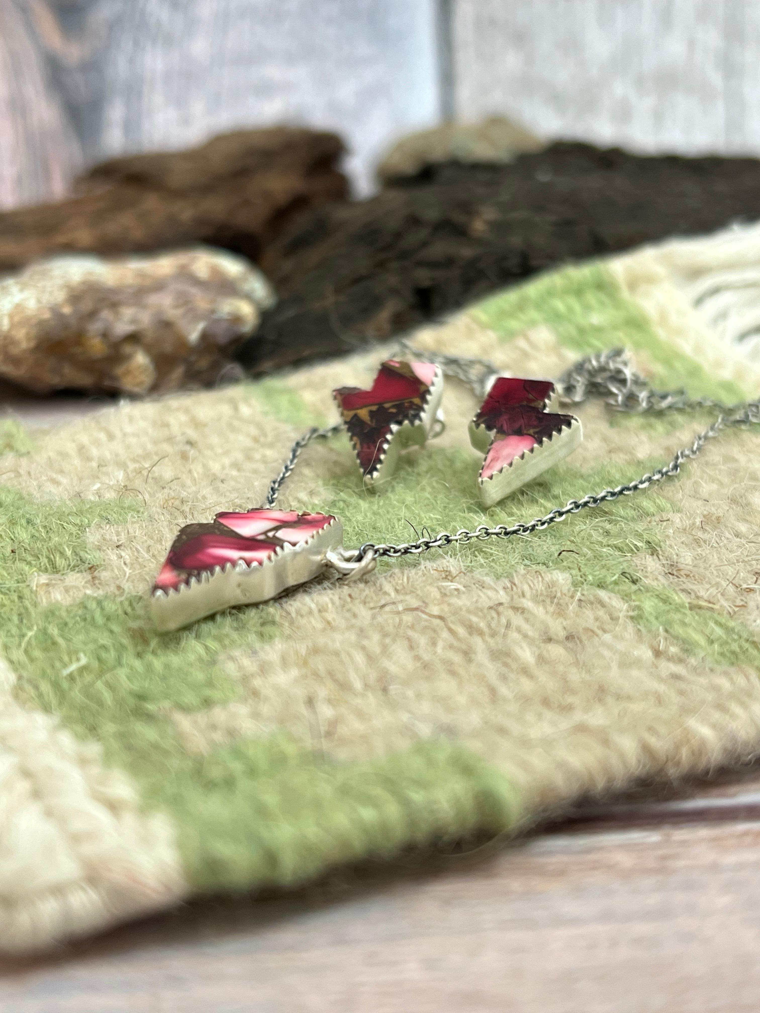 Handmade Sterling Silver Dahlia Rose Lightning Bolt Necklace Earrings Set, Signed Nizhoni (9)