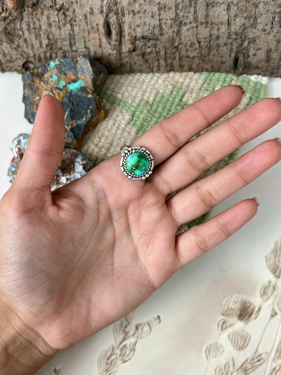 Handmade Sterling Silver Emerald Valley Turquoise Adjustable Ring "Signed Nizhoni" (6)