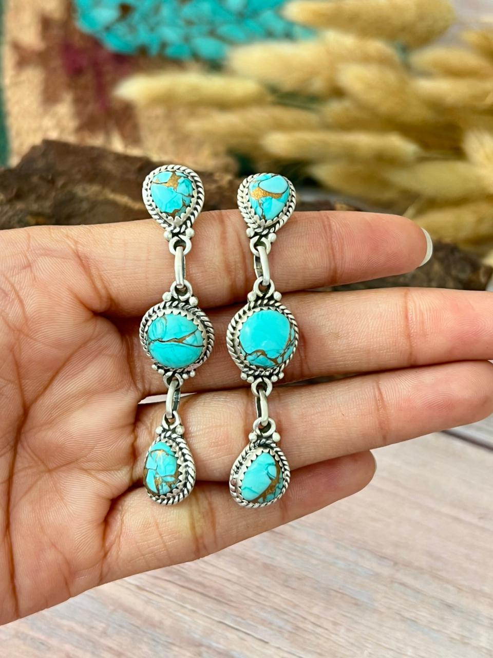Handmade Sterling Silver Mint Dahlia Collection: Post Dangle Earrings "Signed Nizhoni"
