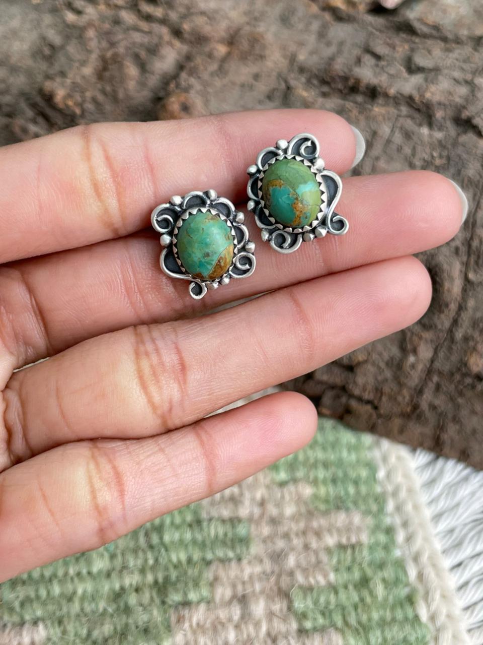 Handmade Sterling Silver Kingman Turquoise Post Studs Earrings "Signed Nizhoni"